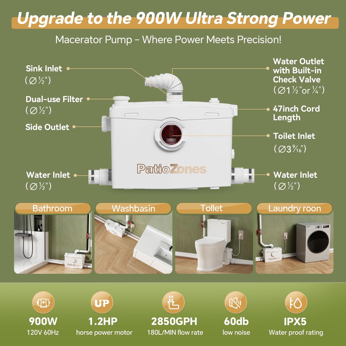 900W Basement Upflush Toilet System, Macerating Toilet with Pump, Head Lift Up to 39.3ft, Included Two-piece Elongated Bowl, 4 Inlets, Top & Side Discharge Macerator Pump, Extension Pipe