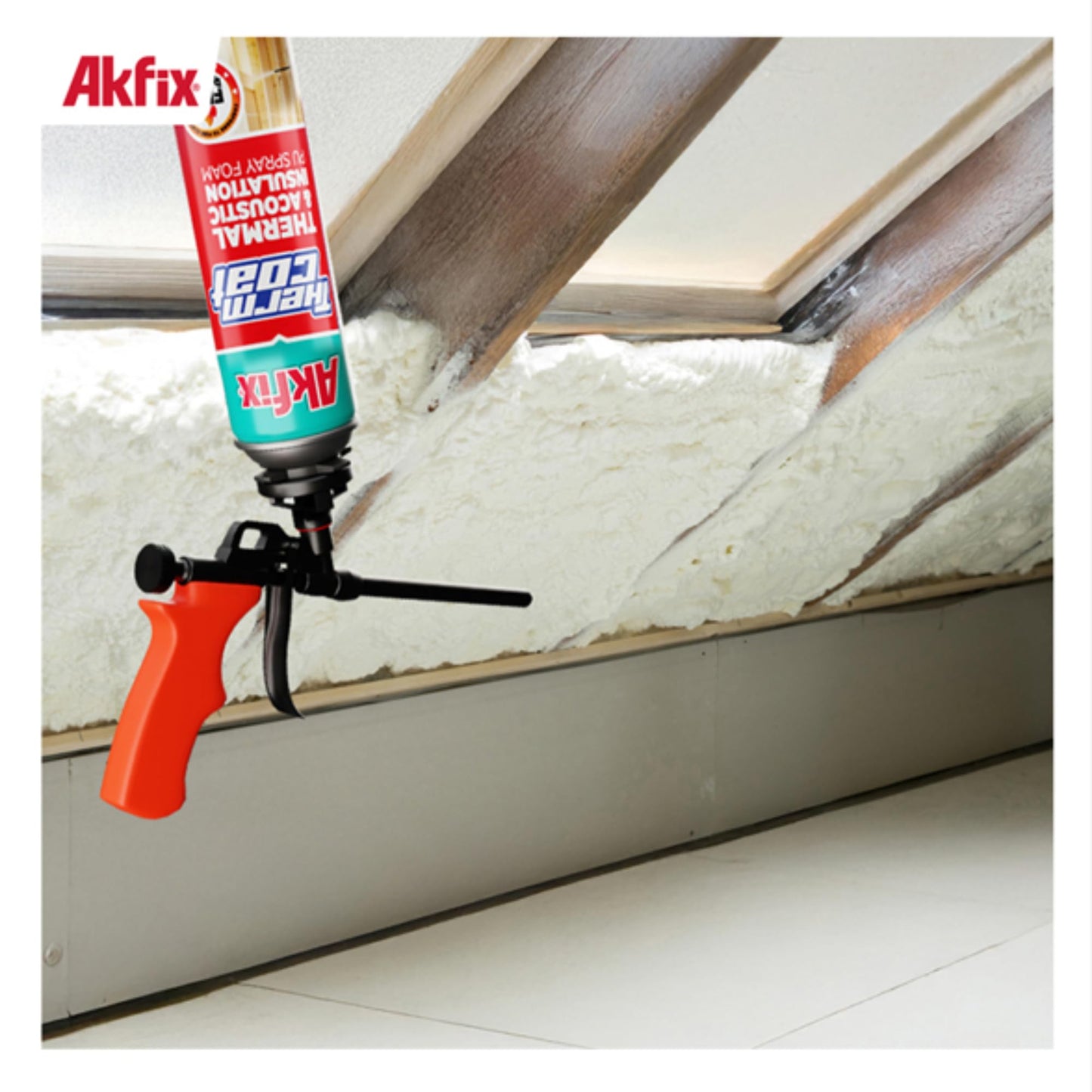 Akfix Thermcoat Fire Rated Spray Foam Insulation Kit 240 sq ft (12x27.1 oz.) - (R-Value 11.32/2 in) Closed Cell Expanding Wide Sealant Thermal Insulation for Walls and Attic - Gun & Cleaner Included