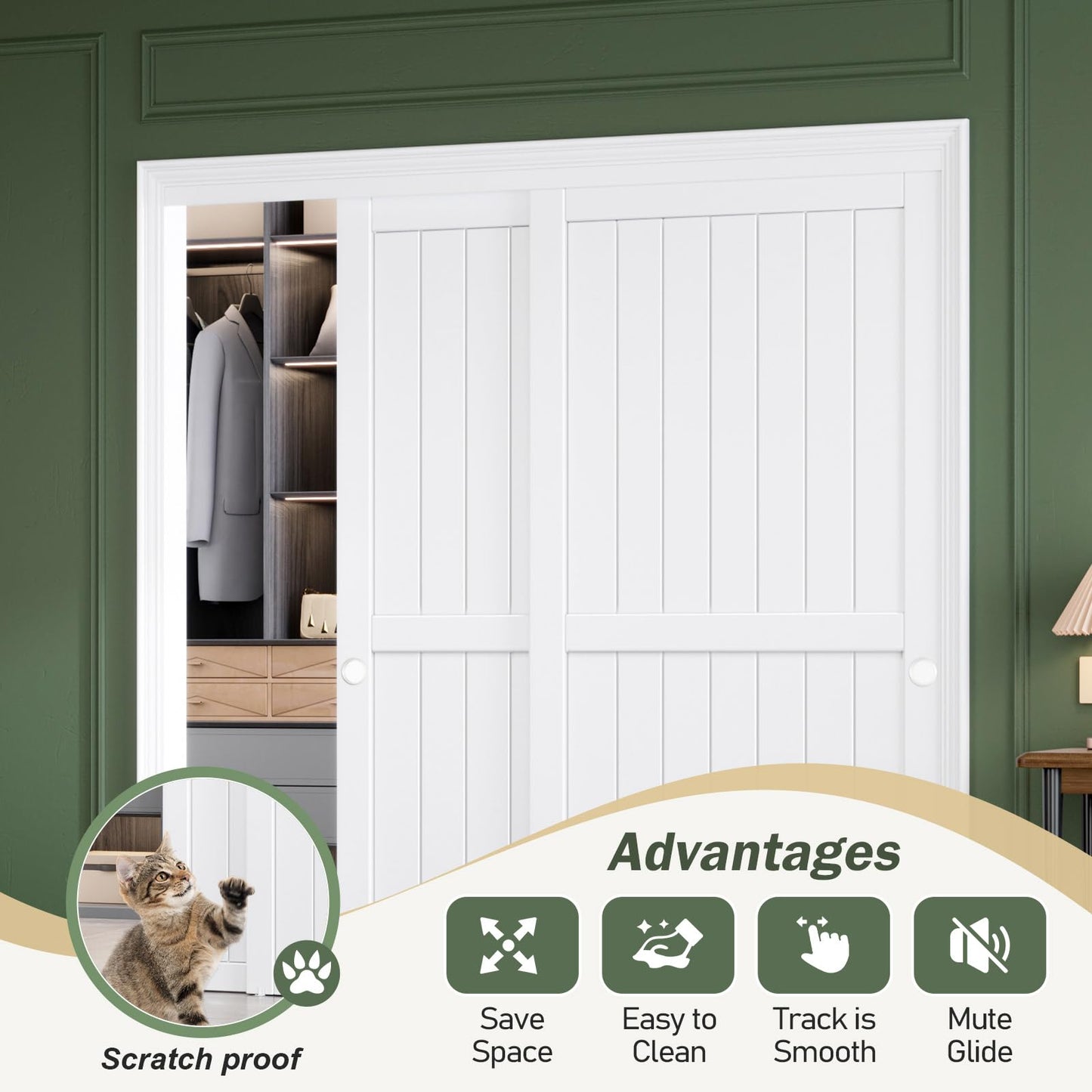 FREDBECK Sliding Closet Doors 72x80(Double 37inch),Bypass Barn Door with Hardware,for Bedroom,White,H Frame,Assemble Required