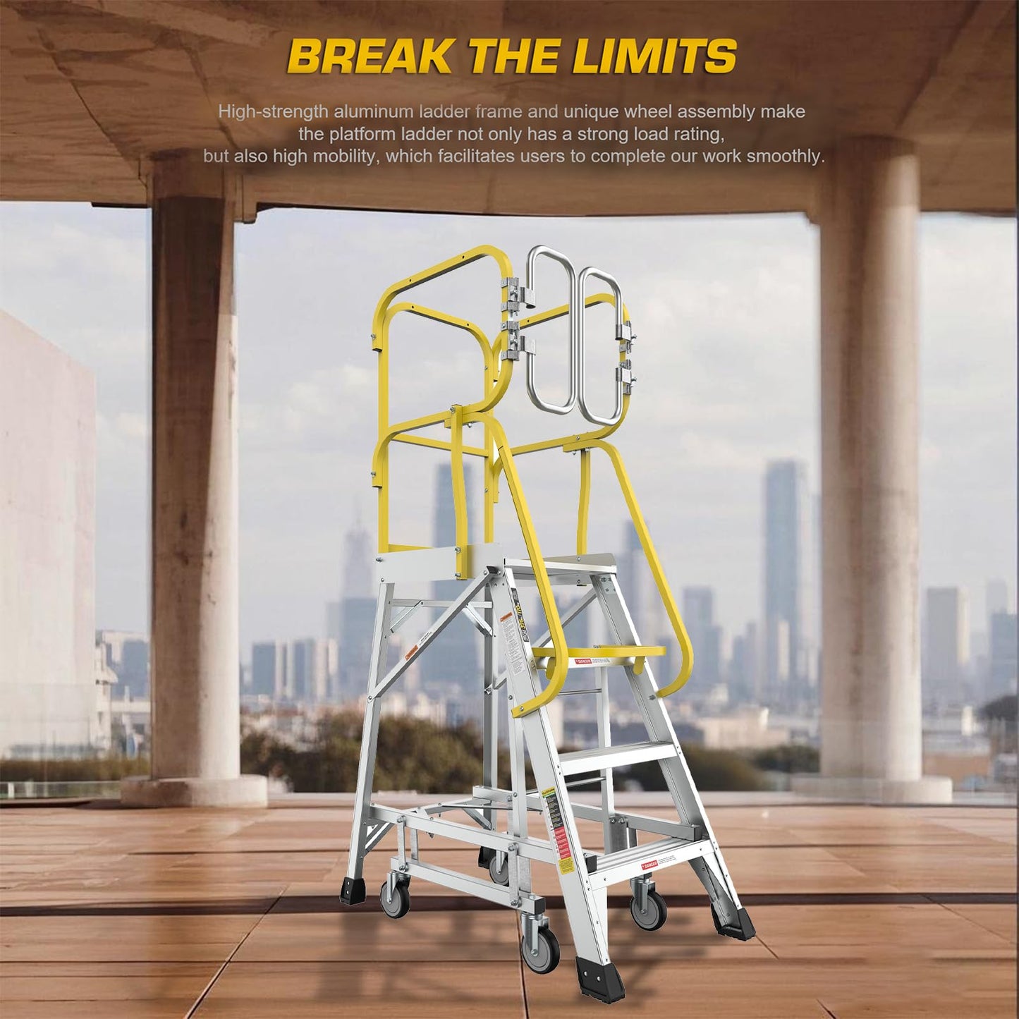 4-Step Aluminum Rolling Platform Ladder, 375 LBS Capacity, Mobile Work Platform with 20"x24" Anti-Slip Standing Surface, Steps Ladder with Wheels & Secure Safety Gate, Meets ANSI Standards