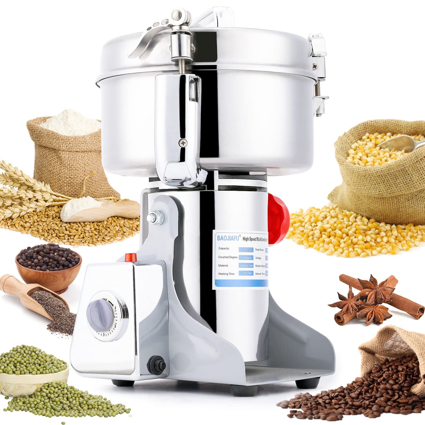 BAOJIAFU Electric Grain Mill 1000g High-speed Grain Spice Herb Grinder 2600W Dry Grinder Machine 304 Stainless Steel Superfine powder High-speed Grain Mill 36000r/min for Kitchen Home and Commercial