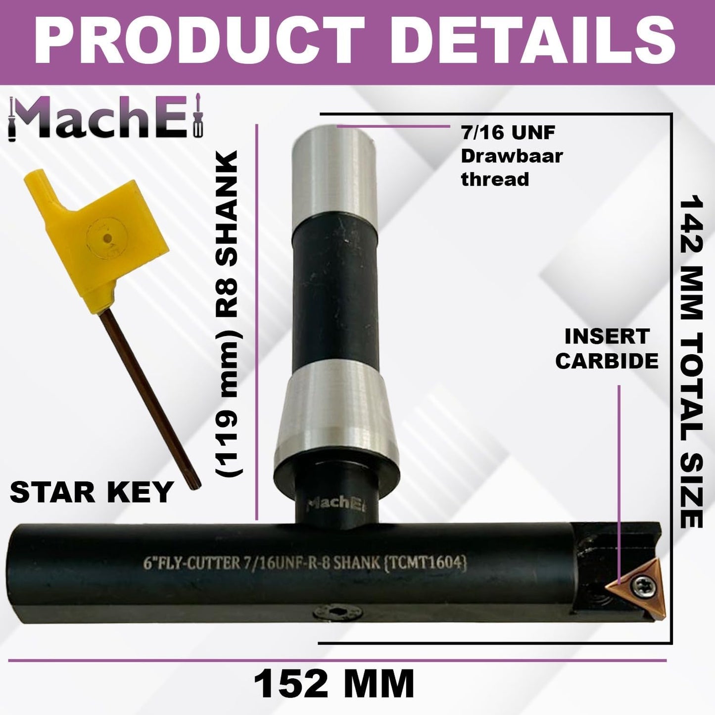 MachEl New Balanced Design 6″ Fly Cutter Indexable Type with R8 Shank (7/16 UNF Drawbar Thread) Single Insert Face Milling Cutter TCMT1604 Insert Included Torx Screw & Star Key Included