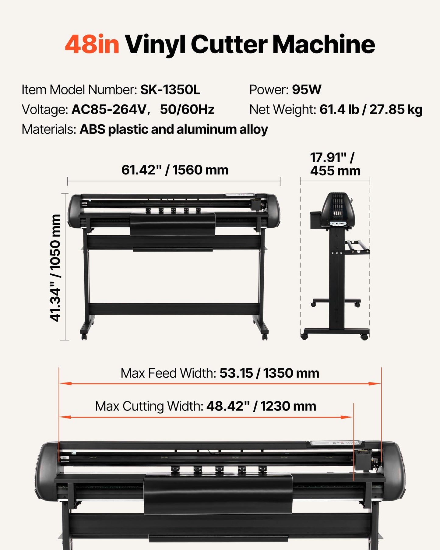 VEVOR Vinyl Cutter Machine, 53 inch Max Feed Width, Dual Blades, Adjustable Force and Speed, LED Display, Vinyl Plotter Cutter Printer with Signmaster Software for Compatible with Windows and macOS
