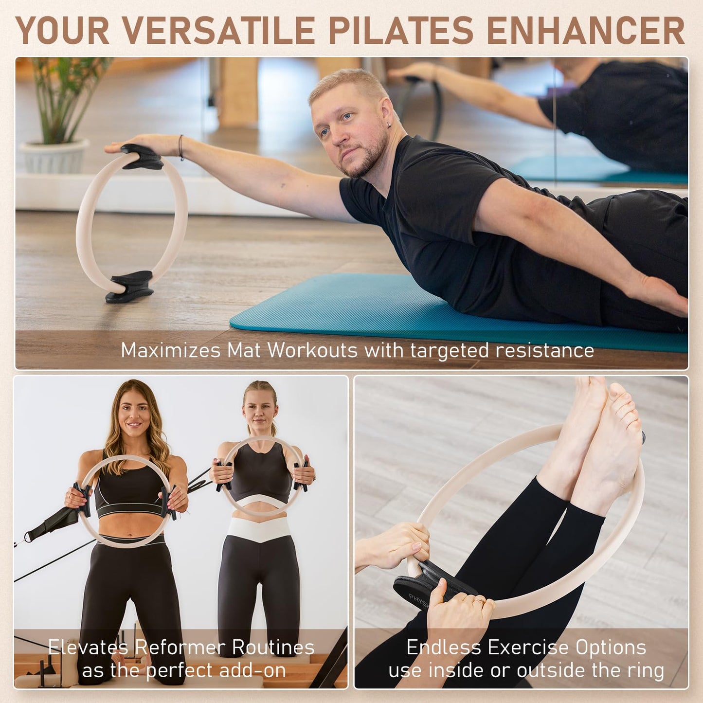 PhysKcal Pilates Ring, 15-Inch Magic Circle with Extra Thick Padded Handles, Pilates Equipment for Toning Inner Thighs, Arms and Strengthening Cores- Workout Guide Included (Nude)