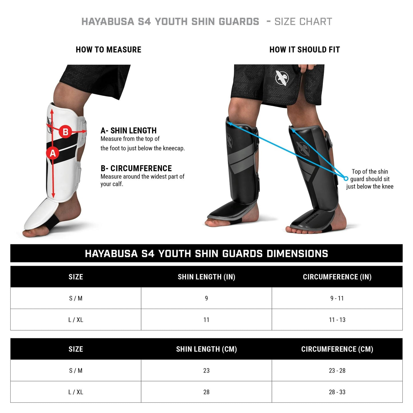 Hayabusa S4 Kids Shin Guards, Muay Thai, MMA, Kickboxing, Martial Arts - Black, Small/Medium