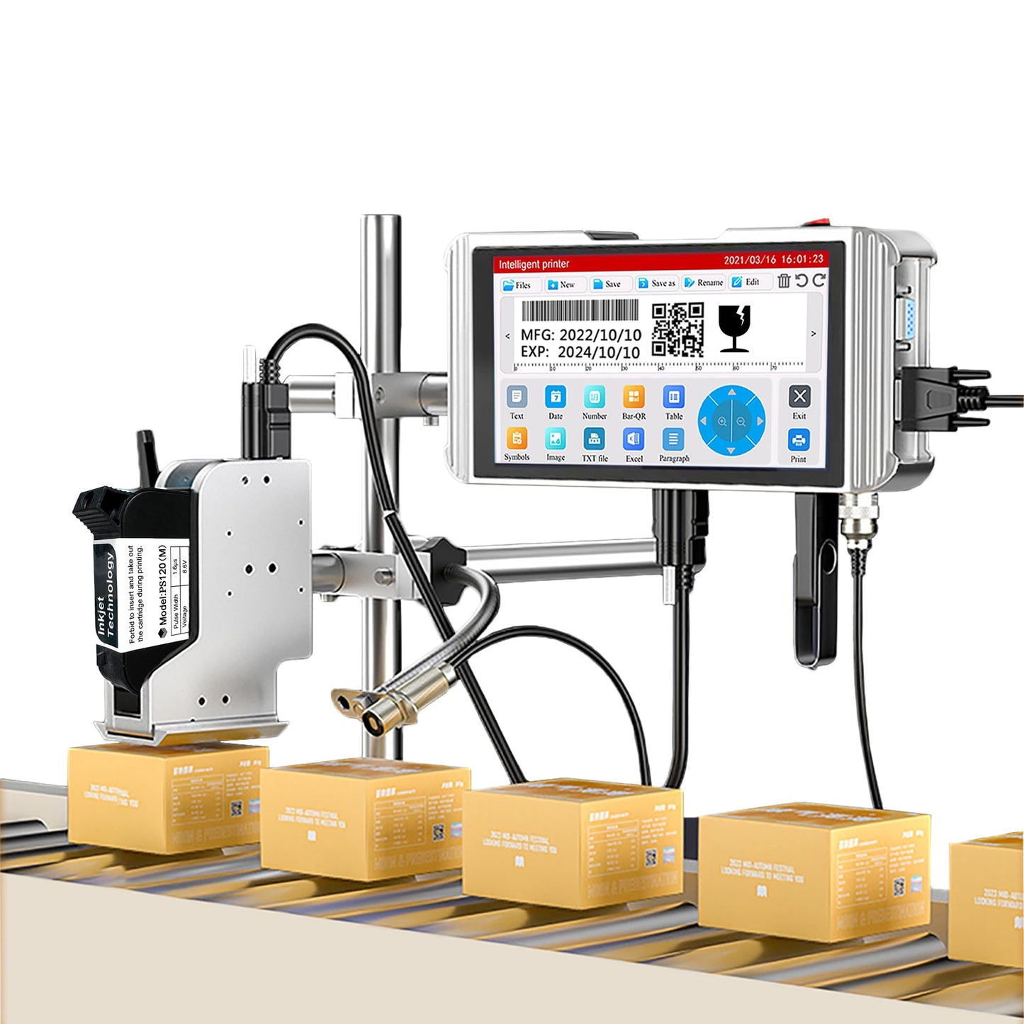 Phezer 1inch/25.4mm Automatic Online Inkjet Coding Machine PW1-1 for Production Line, 23 Languages, Intelligent Variable Data/Date/Logo/Barcode/Image Thermal Inkjet Printer, (1 Nozzle, 70M/min)