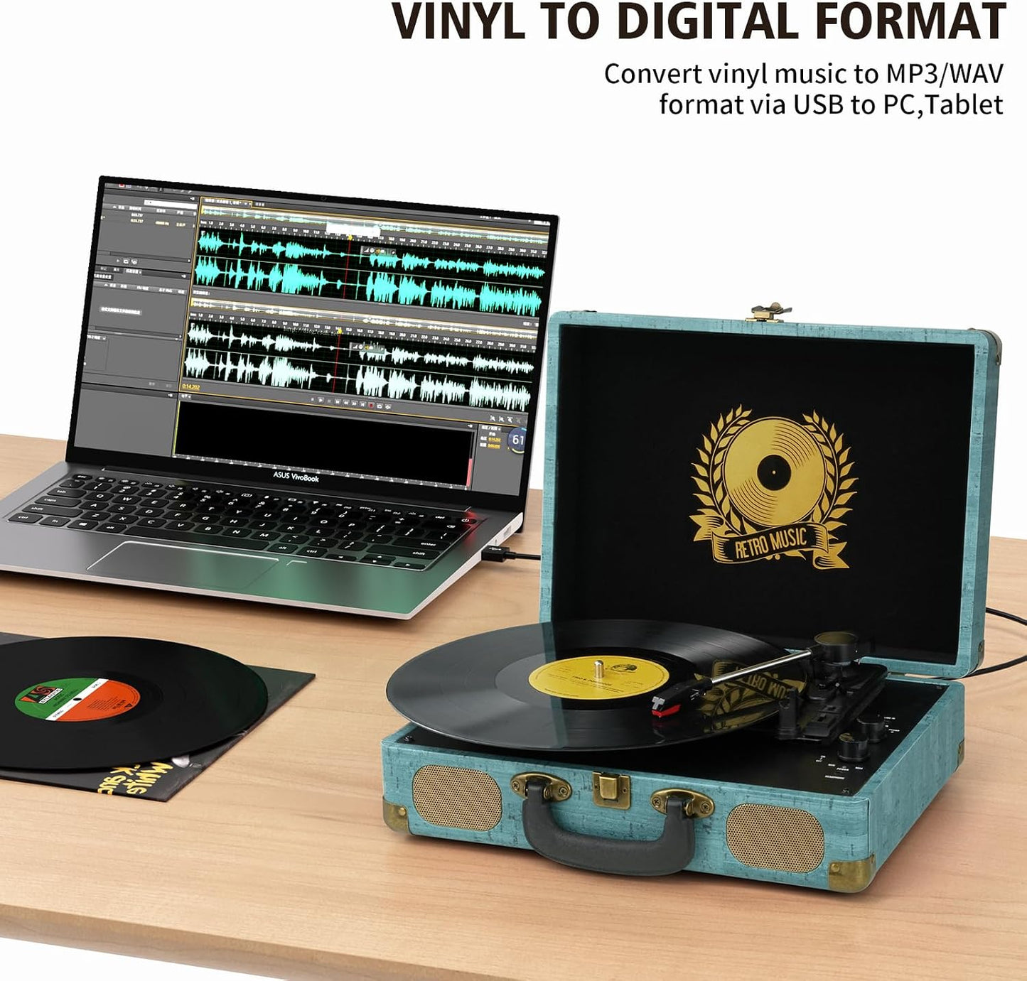 Mersoco 3-Speed 3.5mm MP3, Vinyl Record Player Bluetooth Suitcase Portable Belt-Driven, Supports Bluetooth, RCA Output