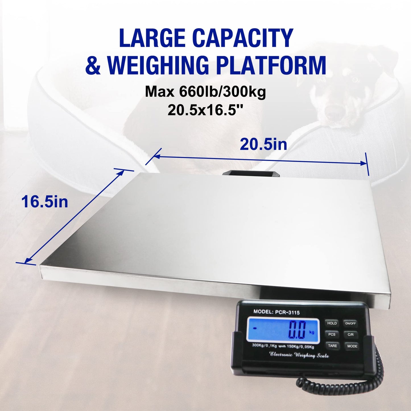 Charmline 660lbs x 0.1lbs High Accuracy Digital Postal Scale, Pet Vet Scale with 17x21in Large Stainless Steel Platform, Heavy Duty Scale for Packages/Dog/Postage/Luggage, Battery&AC Adapter Powered