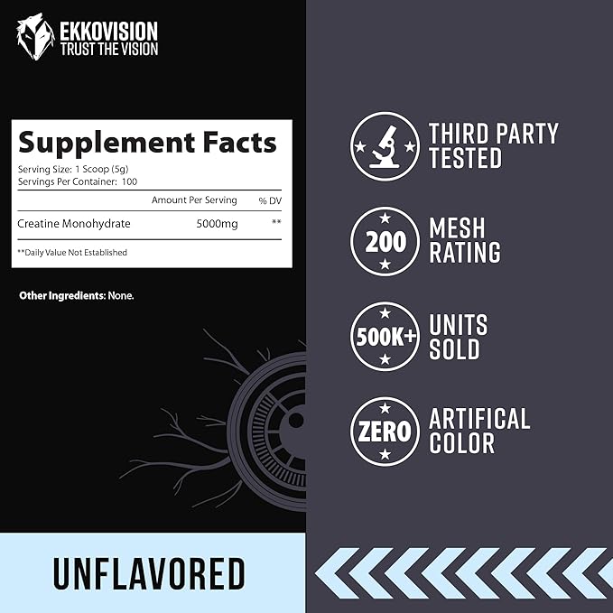 Ekkovision Creatine Monohydrate Powder, Micronized, Unflavored, Pre Workout & Post Workout Supplement for Men and Women, Energy Support, Easy to Mix in Shakes, Smoothies & Beverages, 100 Servings