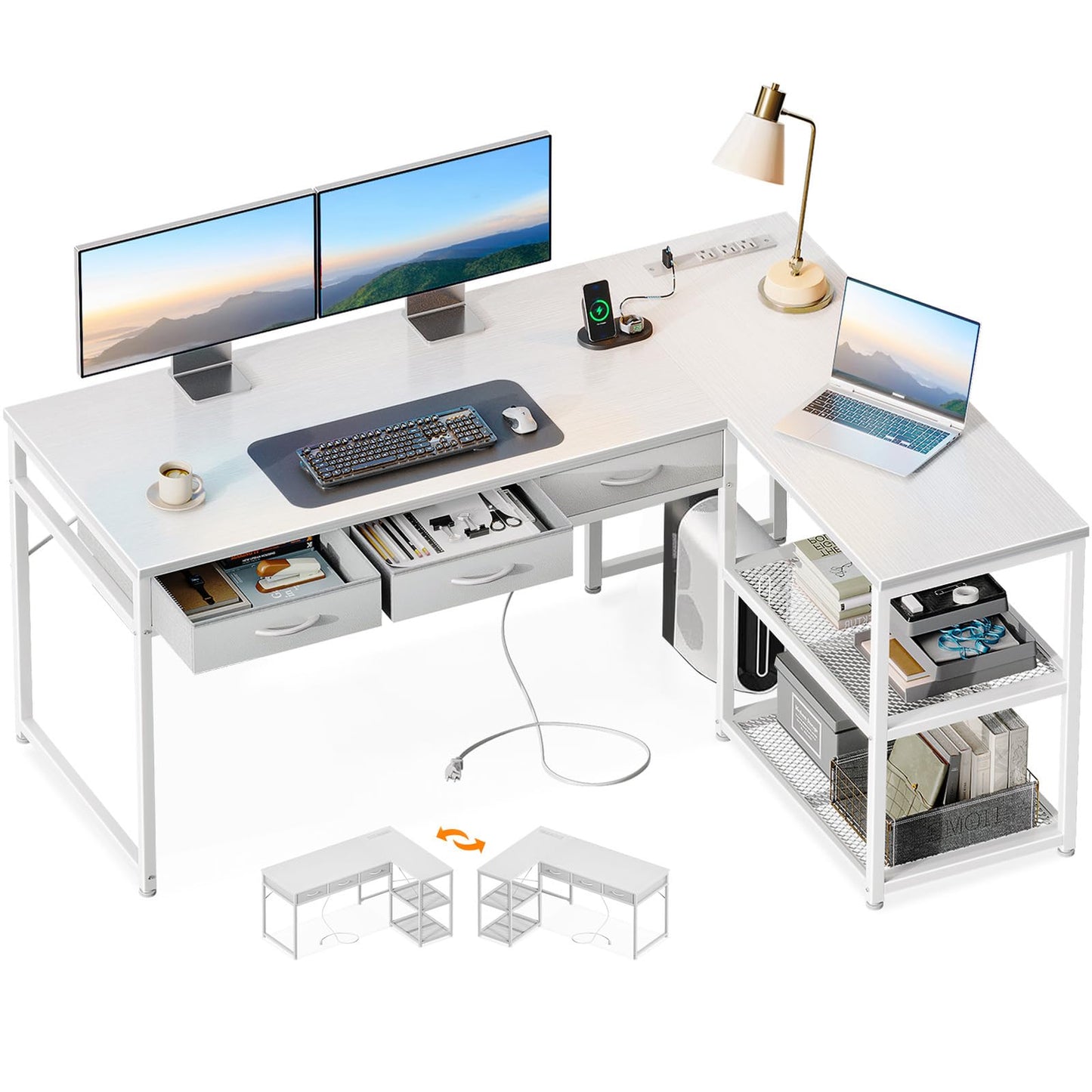 AODK 53 Inch L Shaped Computer Desk with Drawers, Corner Desk with Power Outlets & Reversible Storage Shelves, for Home Office Gaming, White