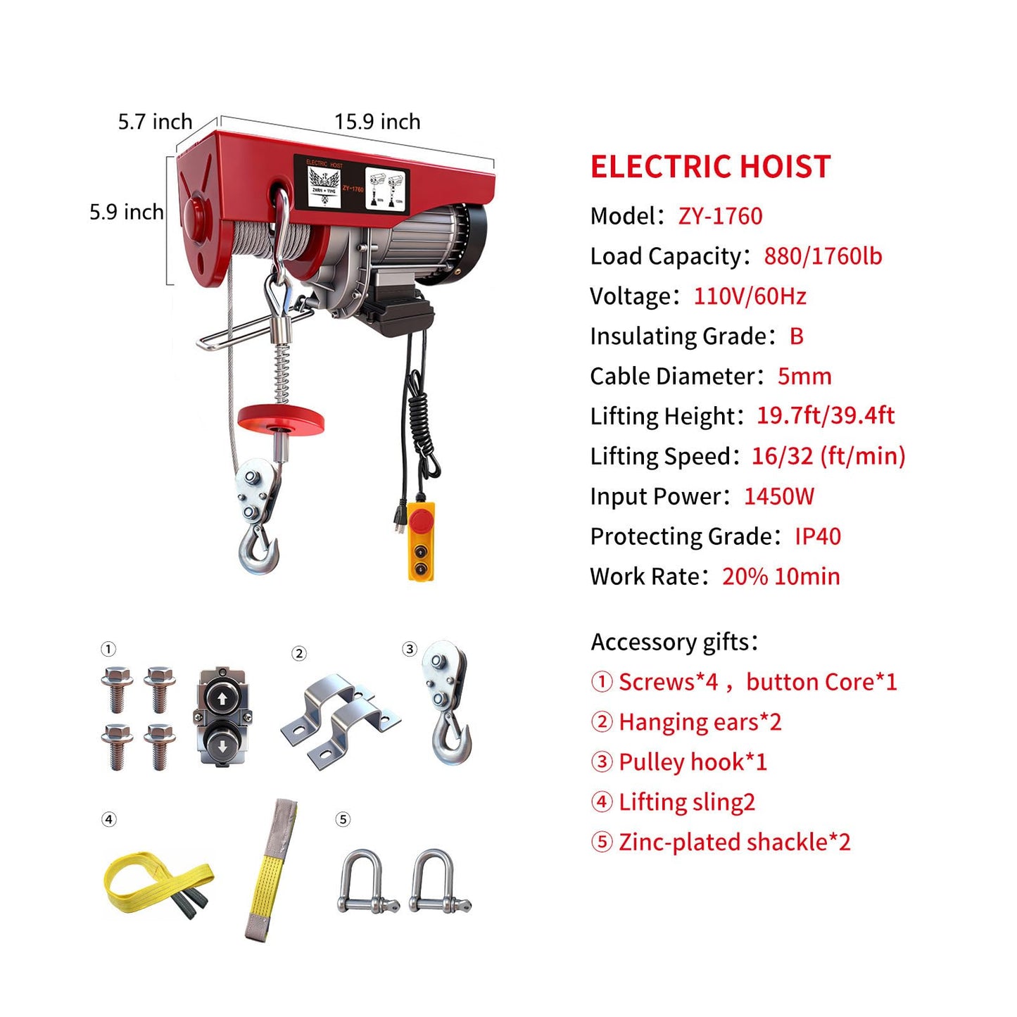 Electric Hoist 1760lbs with 14ft Wired Remote Control, Electric Hoist 110 Volt with 40ft Single Cable Lifting Height Motor, Lift Hoist for Factories Warehouses Construction Site Attic