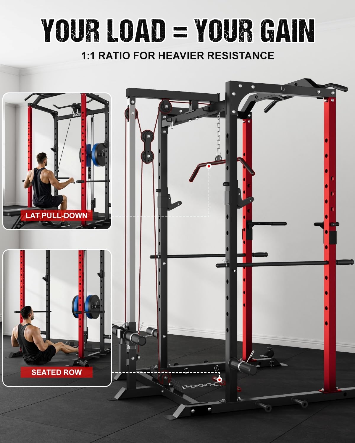 Goimu C1-V4 Power Cage, 2000LBS Squat Rack with LAT Pulldown, Multi-Function Weight Cage Strength Training Machine, Workout Cage with More Attachments for Home Gym Garage (C1-SE RD)