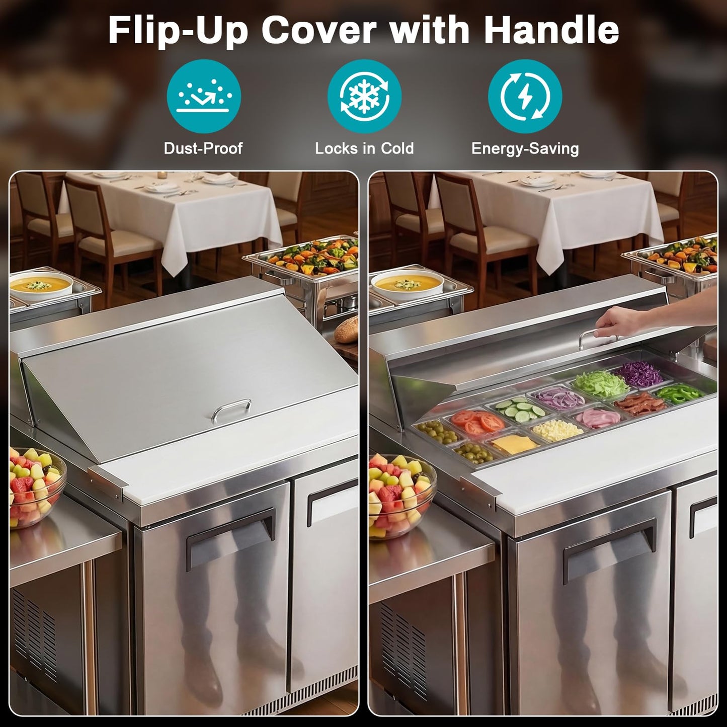 Velieta Commercial Refrigerator 48 inch, 12.7 cu.ft 2 Door Salad Prep Table, Stainless Steel with 12 Pans, Cutting Board & Casters, Sandwich Prep Fridge for Restaurant, Food Truck, Catering