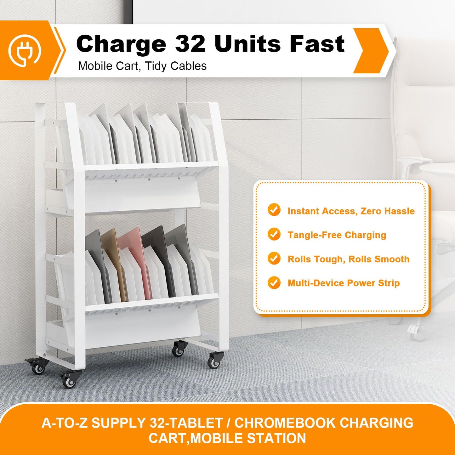 Exerock 32 Device Mobile Charging Cart Universal Open Charging Station for Chromebooks iPads Laptops Tablets with Secure Storage Rack and Smooth Rolling Wheels