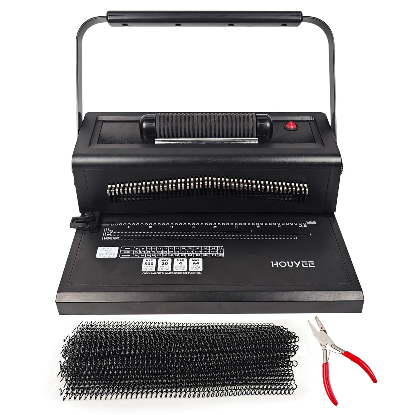 HOUYEE Spiral Coil Binding Machine with 100 Pack 3/8"(10mm) Binding Coils & Plier, Manual Punch & Electric Coil Inserter, 46 Disengaging Pins, Adjustable Side Margin,Fit Letter Size/A4/A5