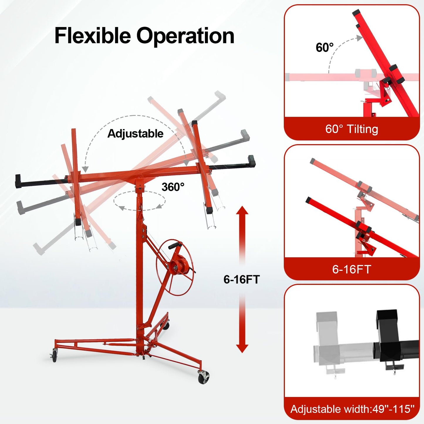 ELOMBR 16FT Drywall Lift Sheetrock Lift, 150LBS Capacity, Drywall Lift Panel Hoist with Telescopic Arm, Drywall Jack Lift with 3 Lockable Wheels for Home Improvement Classic, 4'x16' Panel Size, Red