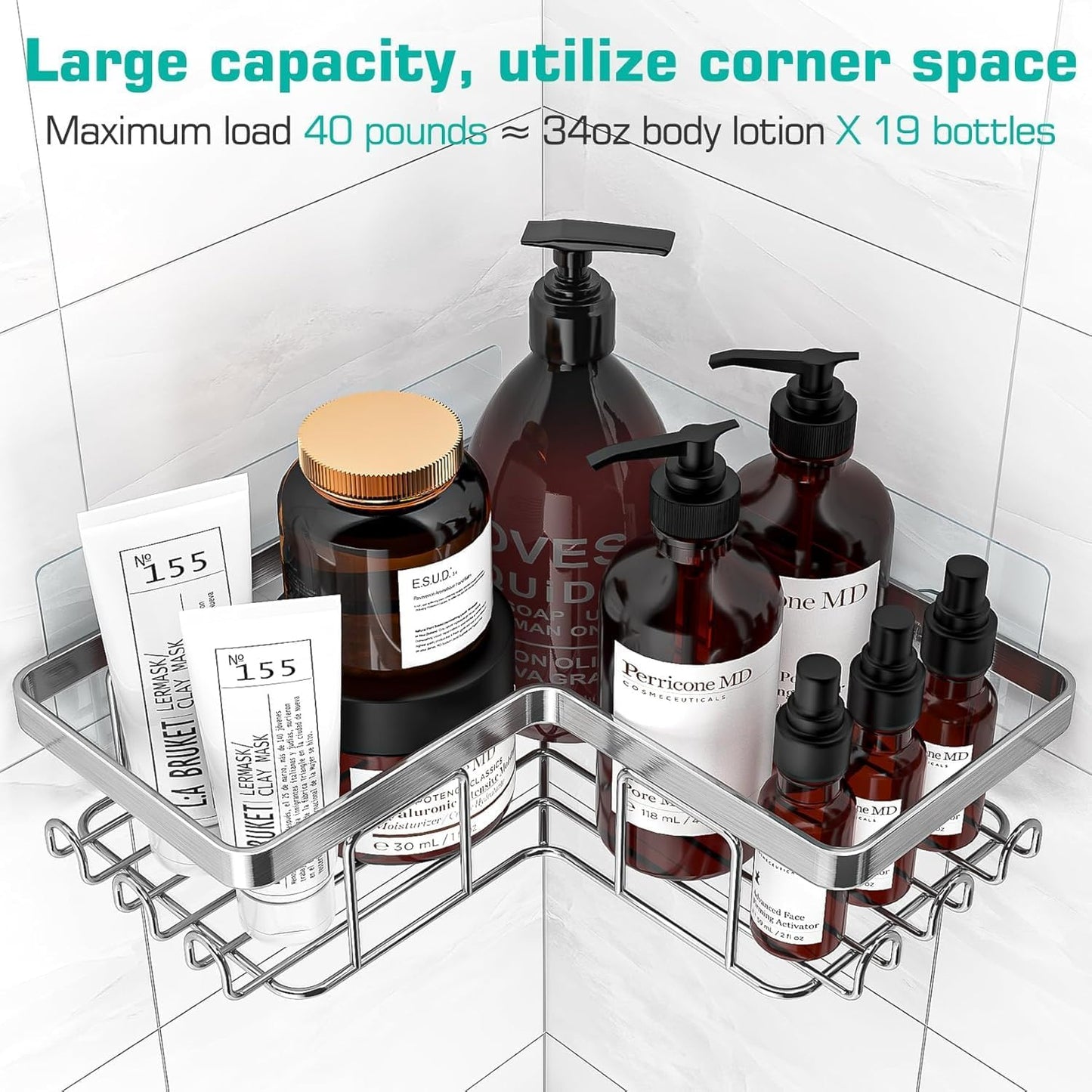 YASONIC Shower Caddy - Rustproof Stainless Steel Bathroom Organizer with Soap Holder & 12 Hooks | Brushed Silver, 3-Pack