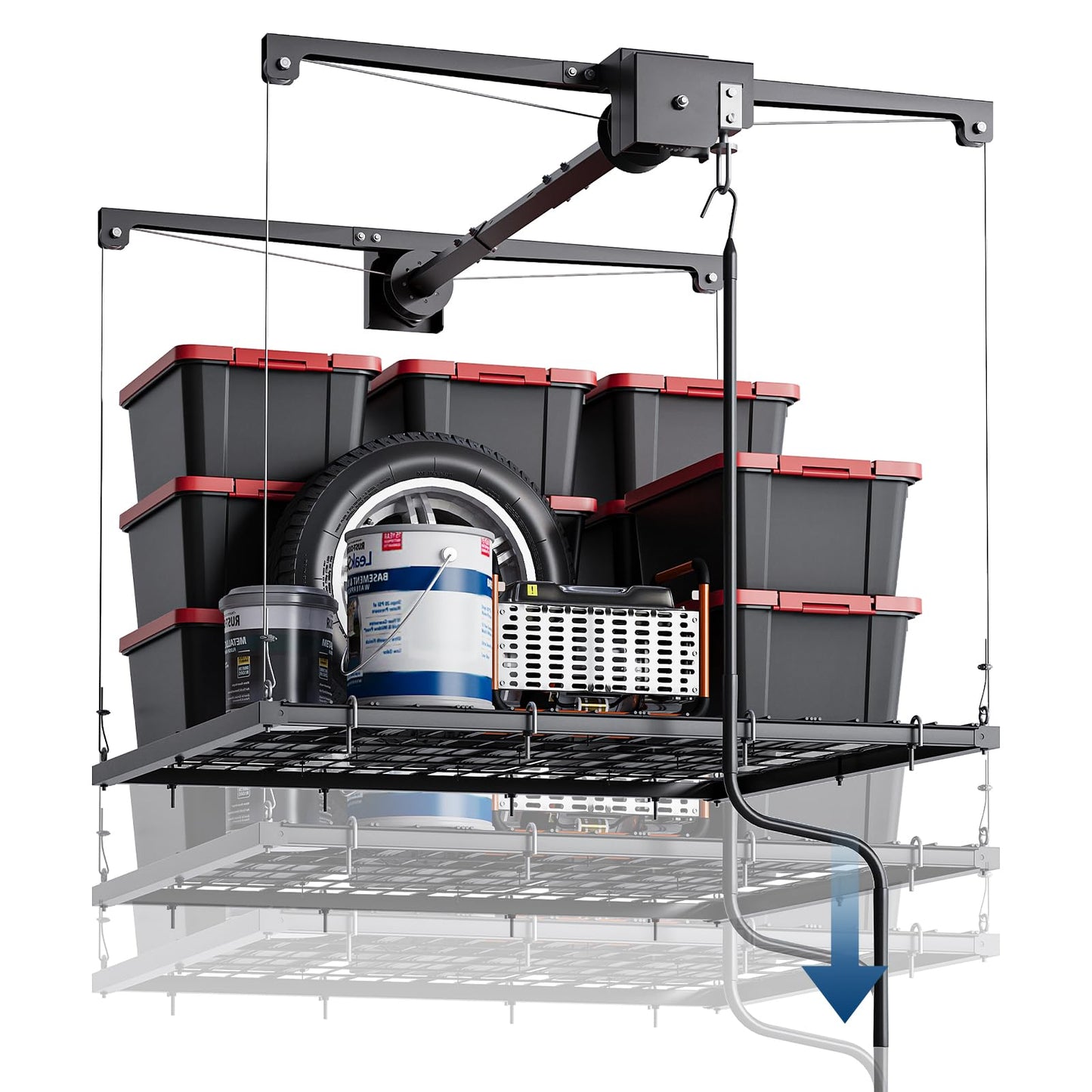 Overhead Garage Storage Rack, Adjustable 4x4 ft Ceiling Mounted Storage Racks with Dual Locking Safety System, 350 Lb Capacity Overhead Garage Storage Rack for Garage Ceiling Storage, Great for Bins