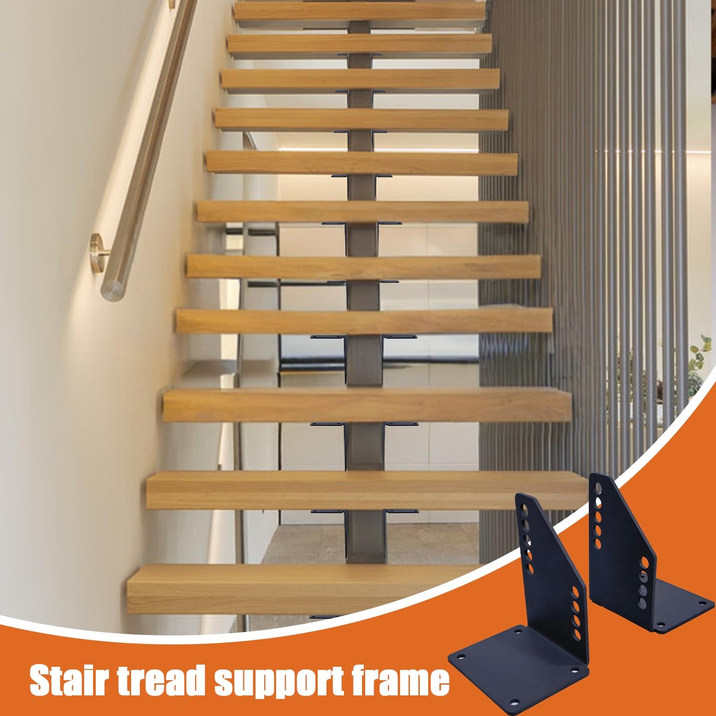 OMMUU DIY Floating Stair Riser Brackets，Bolt Type Modern Floating Steps Vertical Plate Stand Rack,Mono Stringer Wooden Staircase Heavy-Duty Metal Brackets(No Screws Installed) (1)