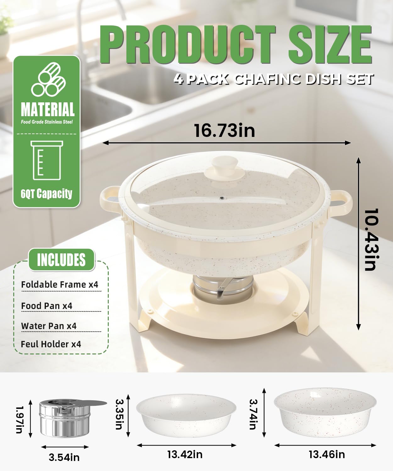IMACONE Chafing Dishes for Buffet, 4 Pack 6QT White Chafing Dish Buffet Set, Maifanite-Coated Stainless Steel Chafer Set with Glass Lid, Rolled Edge Buffet Warmers for Parties, Weddings & Catering