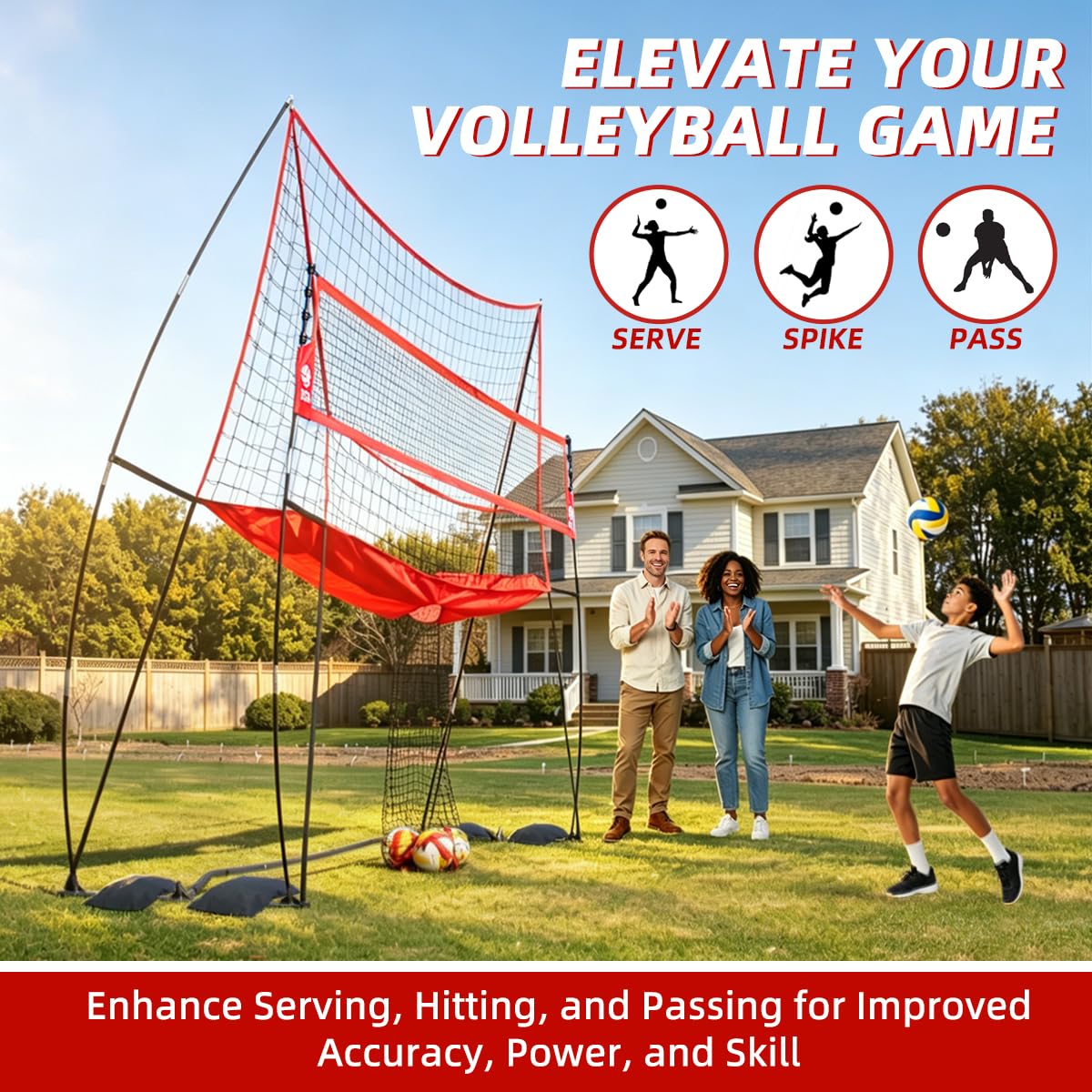 JOLORLY 2-in-1 Volleyball Practice Net Station with Patented 5-Height (6'6'' to 8'), Heavy Duty Training System for Hitting Spiking Serving, Backyard Indoor Outdoor Trainer Equipment (12x11 ft Red)