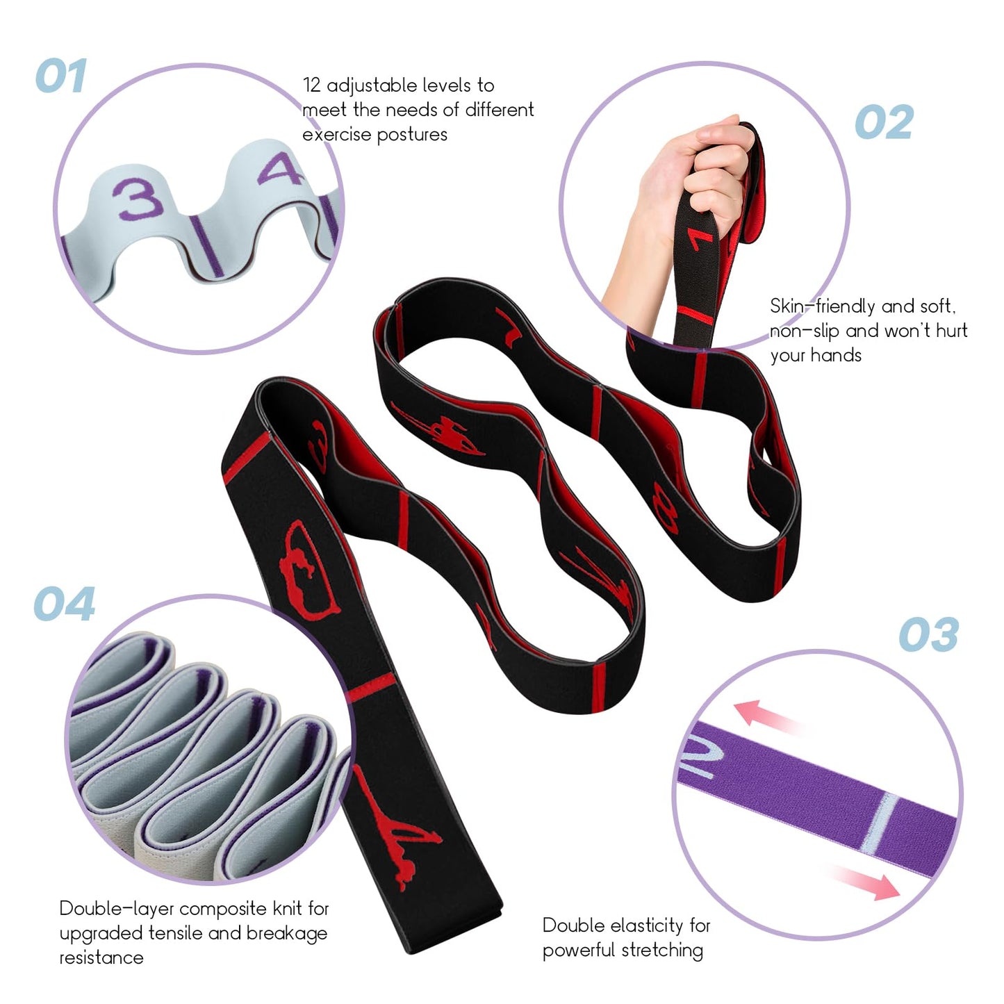 Upgrade Stretching Strap with Loops,Yoga Strap ,Home Workout,Pilate & Flexibility Training,Non Elastic Exercise Stretch Band for Hamstring,Leg Stretcher Belt,Flexibility Fascia (Black-10 Loops, 2 Pack)