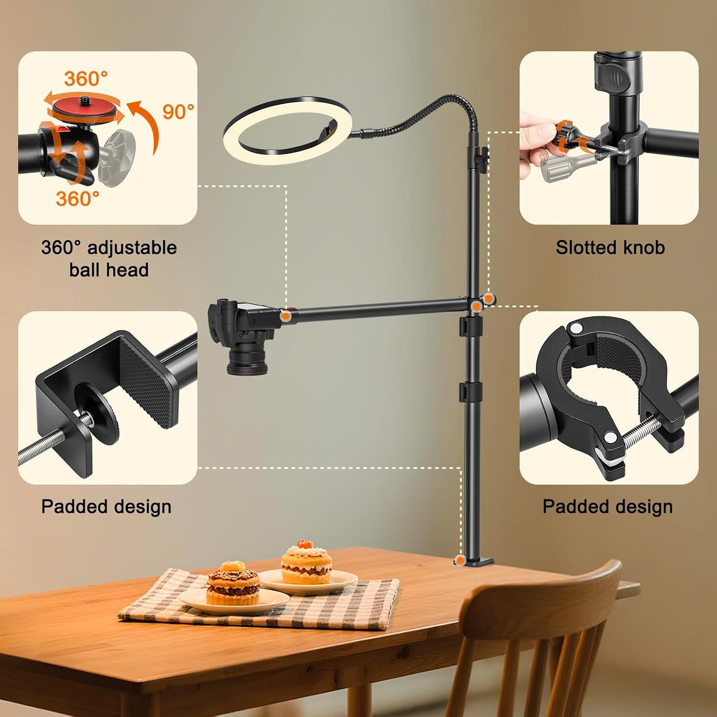 13.4-31.9" 1/4" 3-Section Overhead Camera Mount Desk Stand, Height Articulating Top Down Camera Mount with C-Clamp