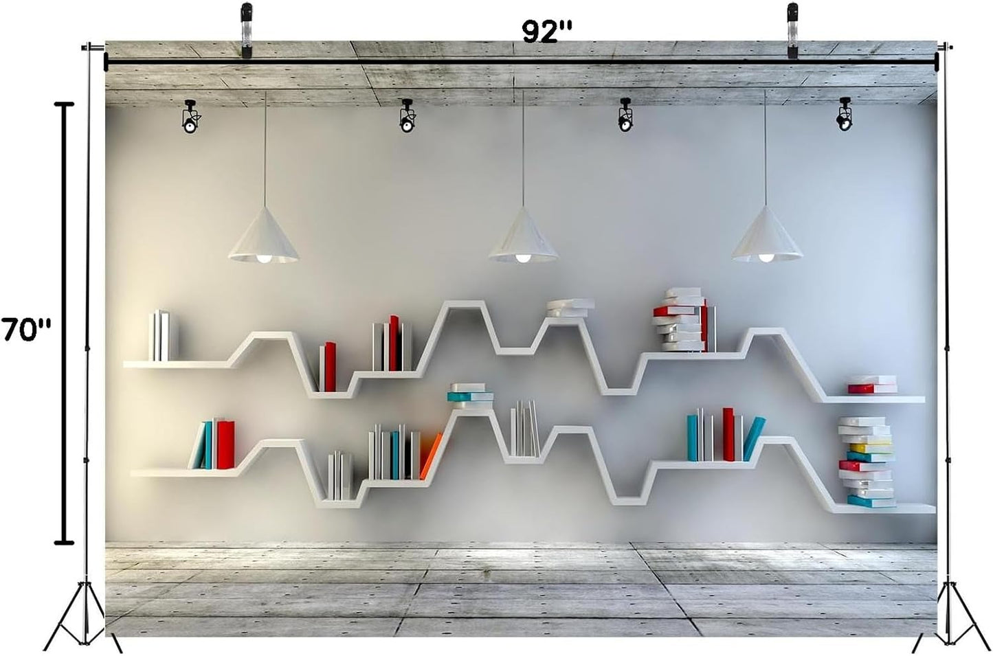 BELECO 8x6ft Fabric Living Room Backdrop for Video Conference, Modern Bookshelf with Books, Wooden Floor, Empty Room