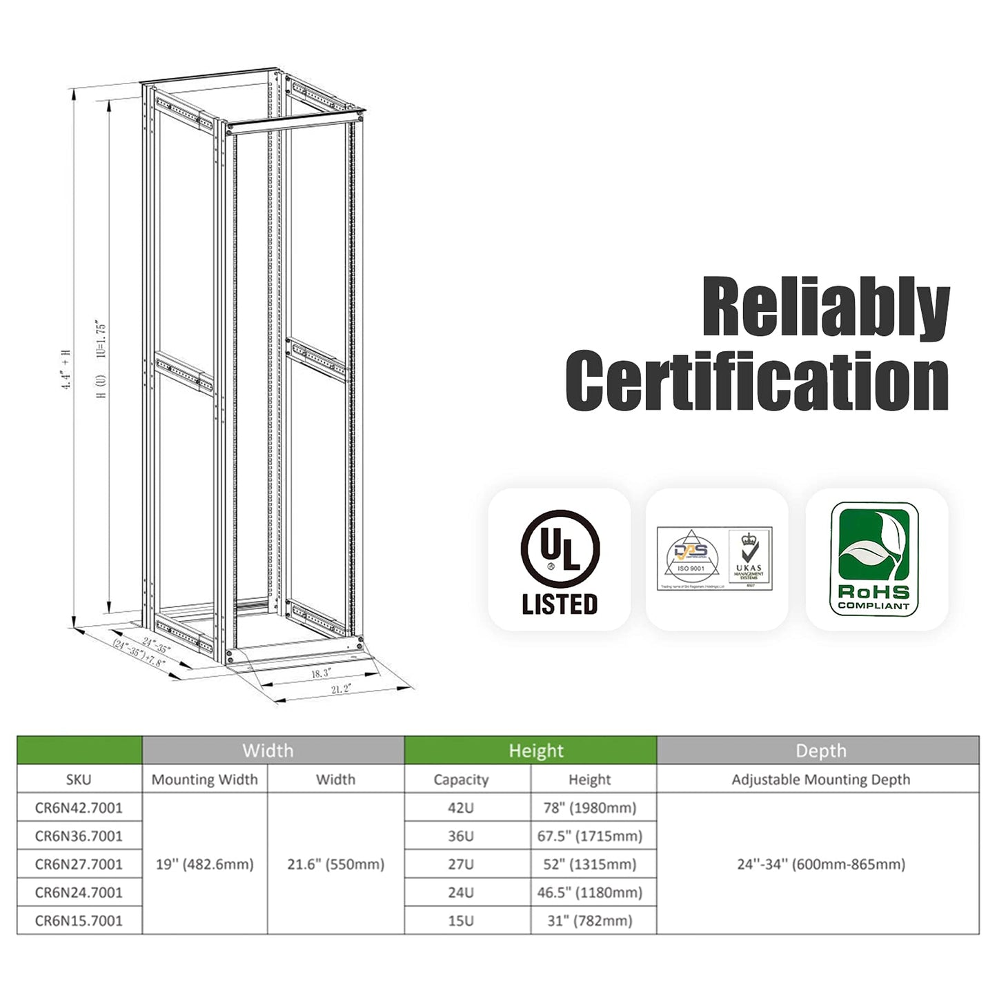 Raising Electronics Server Rack 4 Post Open Rack Frame Rack Enclosure 19 Inch Adjustable Depth Aluminum (27U,56Inch Height)