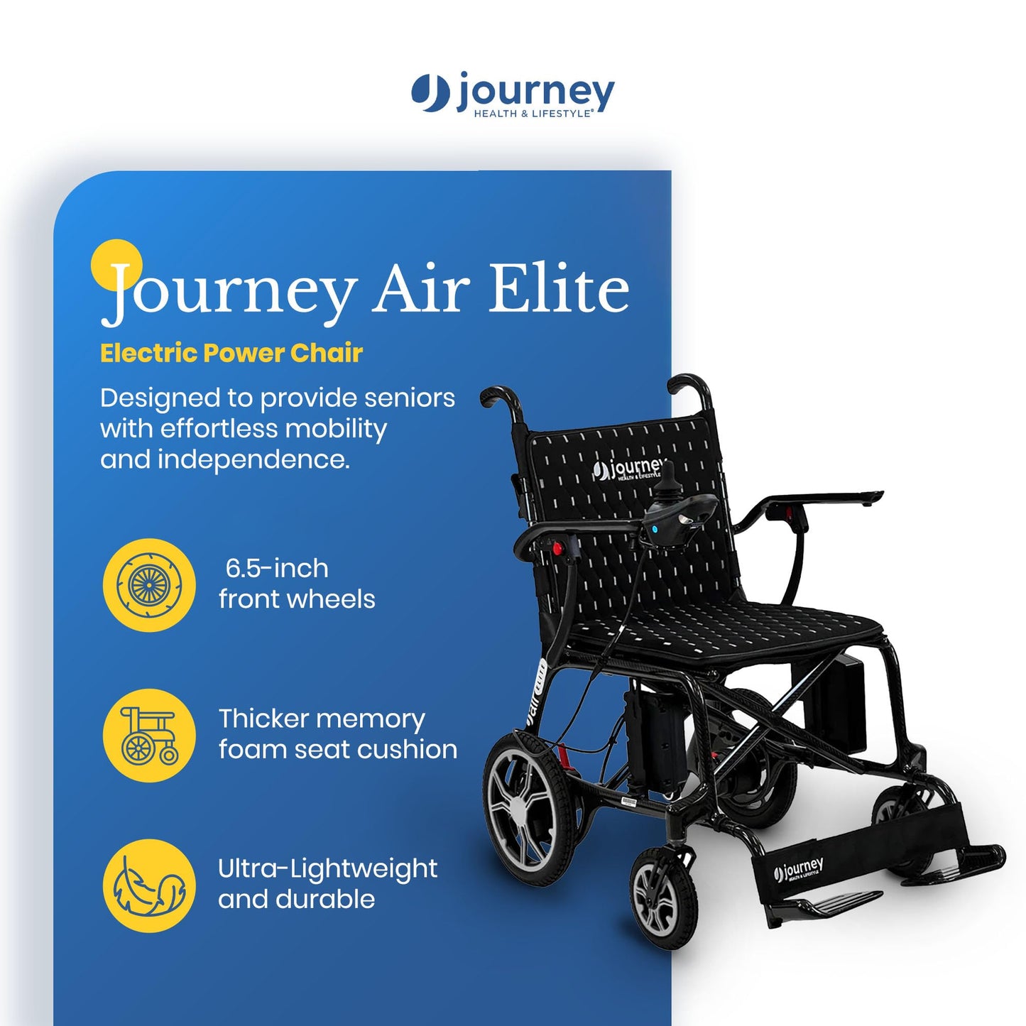 Journey Air Elite Electric Power Chair - Lightweight Foldable Battery Powered Wheelchair for Adults & Seniors - 240lb Weight Capacity & TSA-Compliant