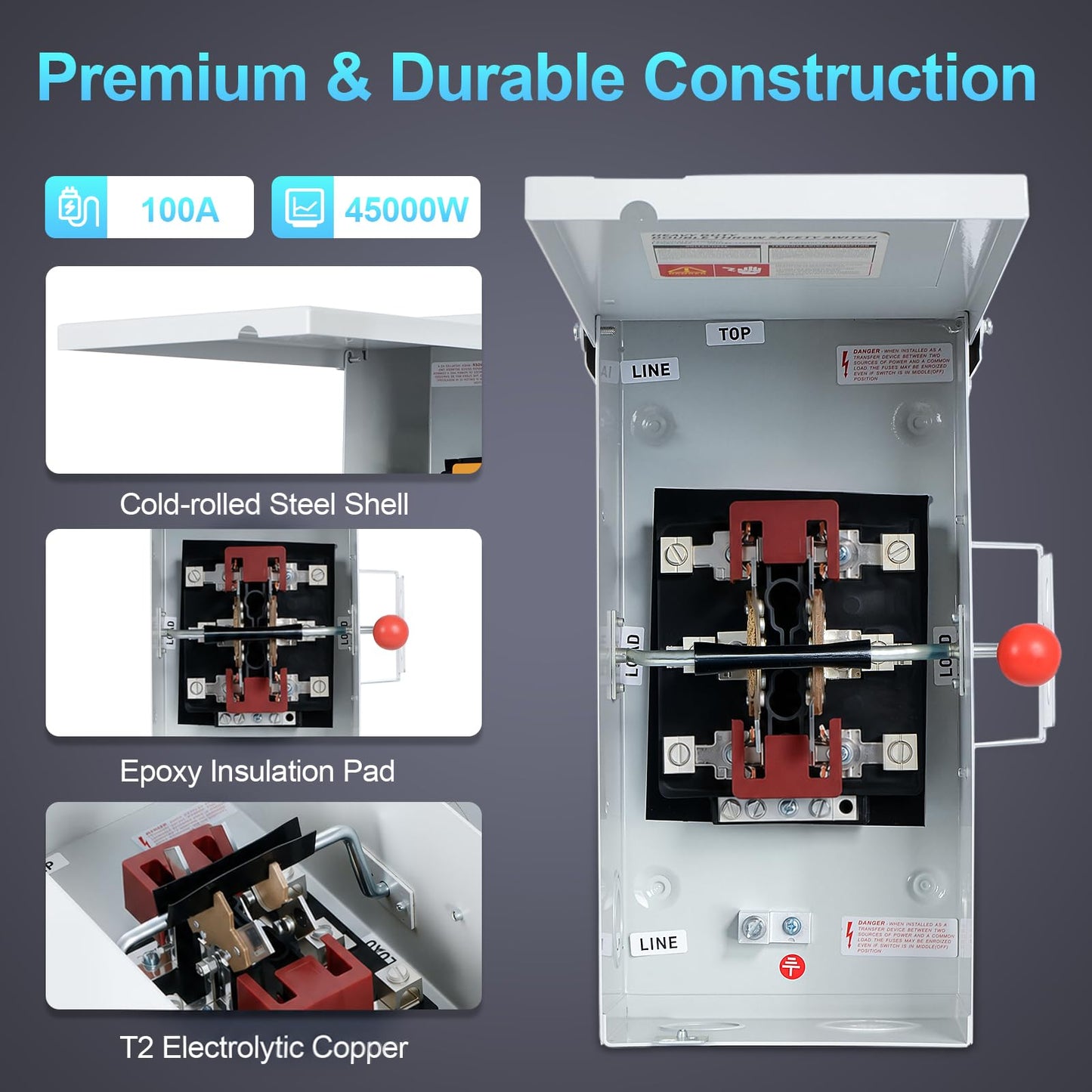 100A Generator Transfer Switch, 12000/24000/45000W General-Duty Double-Throw Safety Switch, 120/240/450V Manual Transfer Switch with Arc Extinguishing Cover, NEMA 3R Standards for Indoor/Outdoor Use