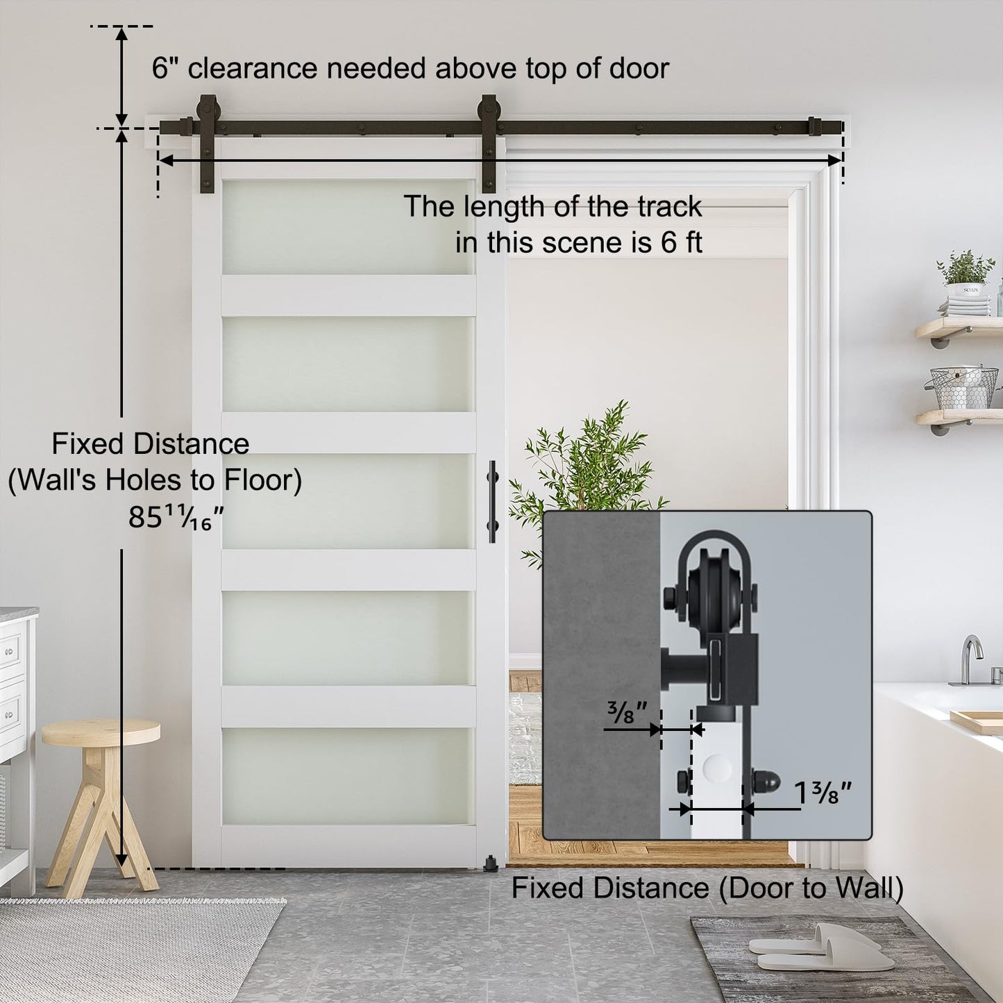 SmartStandard 34 x 84 in Glass Barn Door with 6FT Sliding Hardware Kit & Handle, Pre-Drilled Ready to Assemble, Waterproof PVC Coating, White, 5-Panel Glass