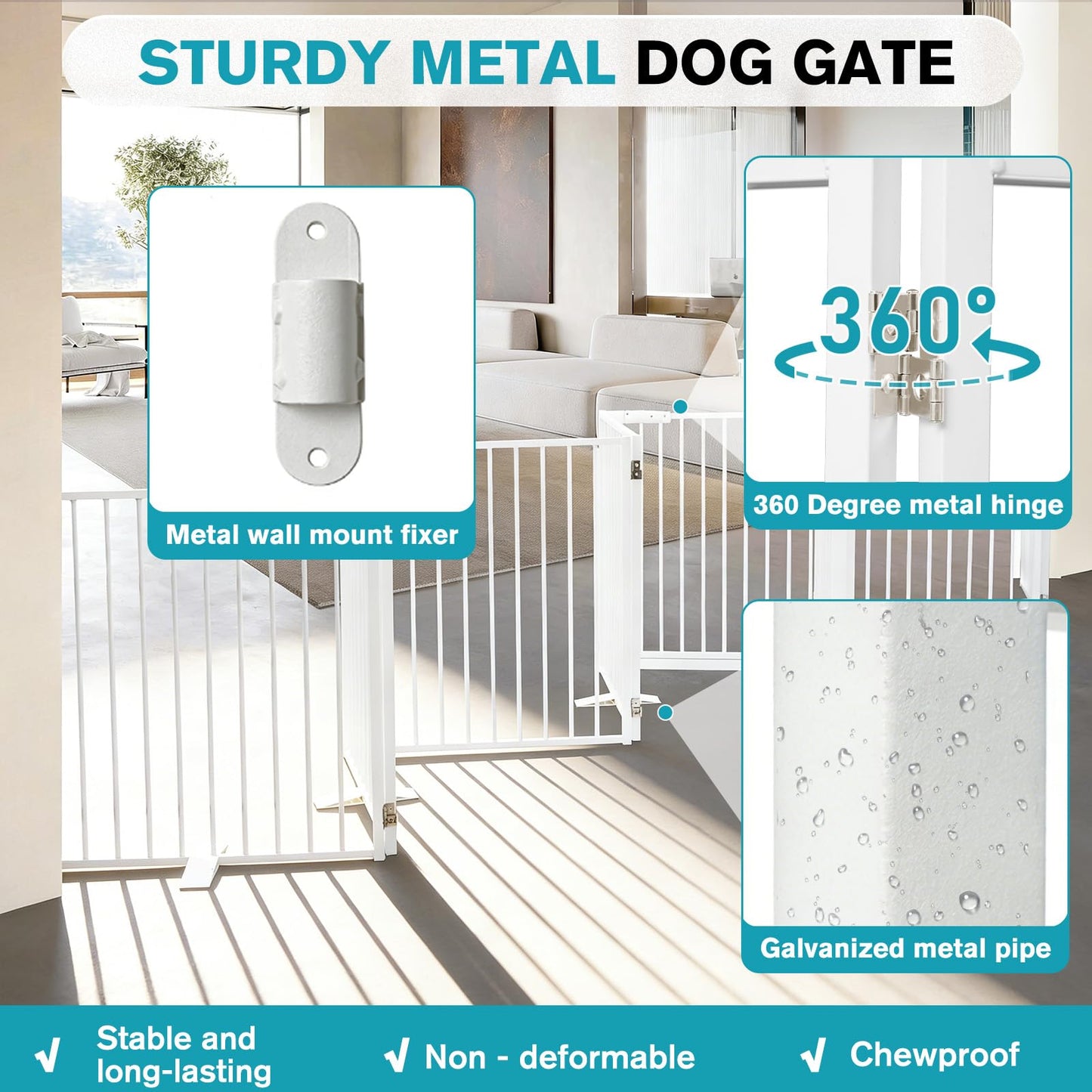 Snagle Paw Extra Wide Dog Gate,Free Standing Dog Fence with Door, Up to 208 Inch Wide Pet Gate with Support Feet for Stairs, Hallways, Doorways, Yard (White, 8 Panels)