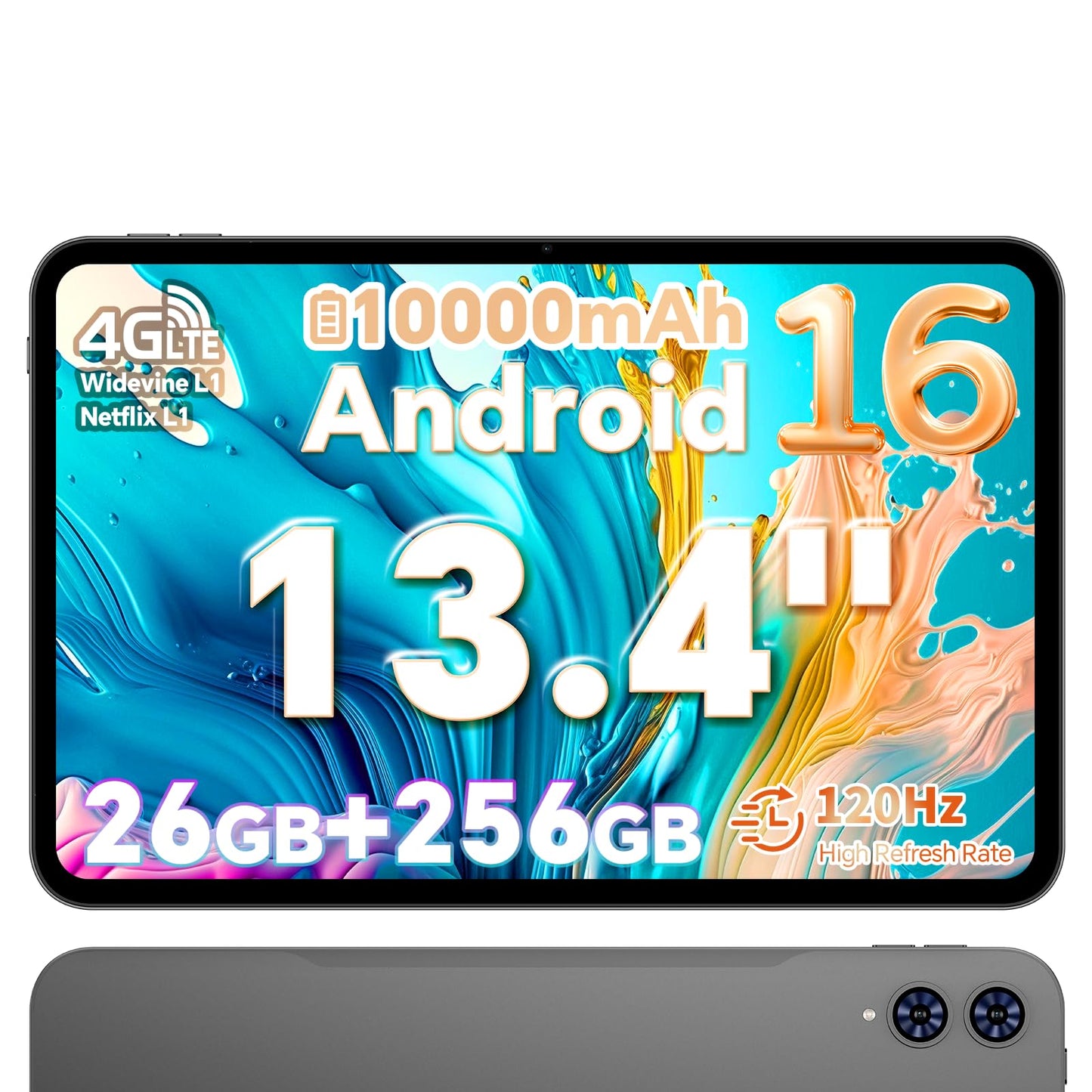 TECLAST Android 16 T65 13.4 inch Large Tablet, 256GB ROM, 12H 10000mAh Battery, 120Hz 1920x1200 IPS Display, 2.2Ghz Octa-Core Processor, 2.4/5G Wi-Fi+4G LTE, GPS, Ideal for Streaming and Learning