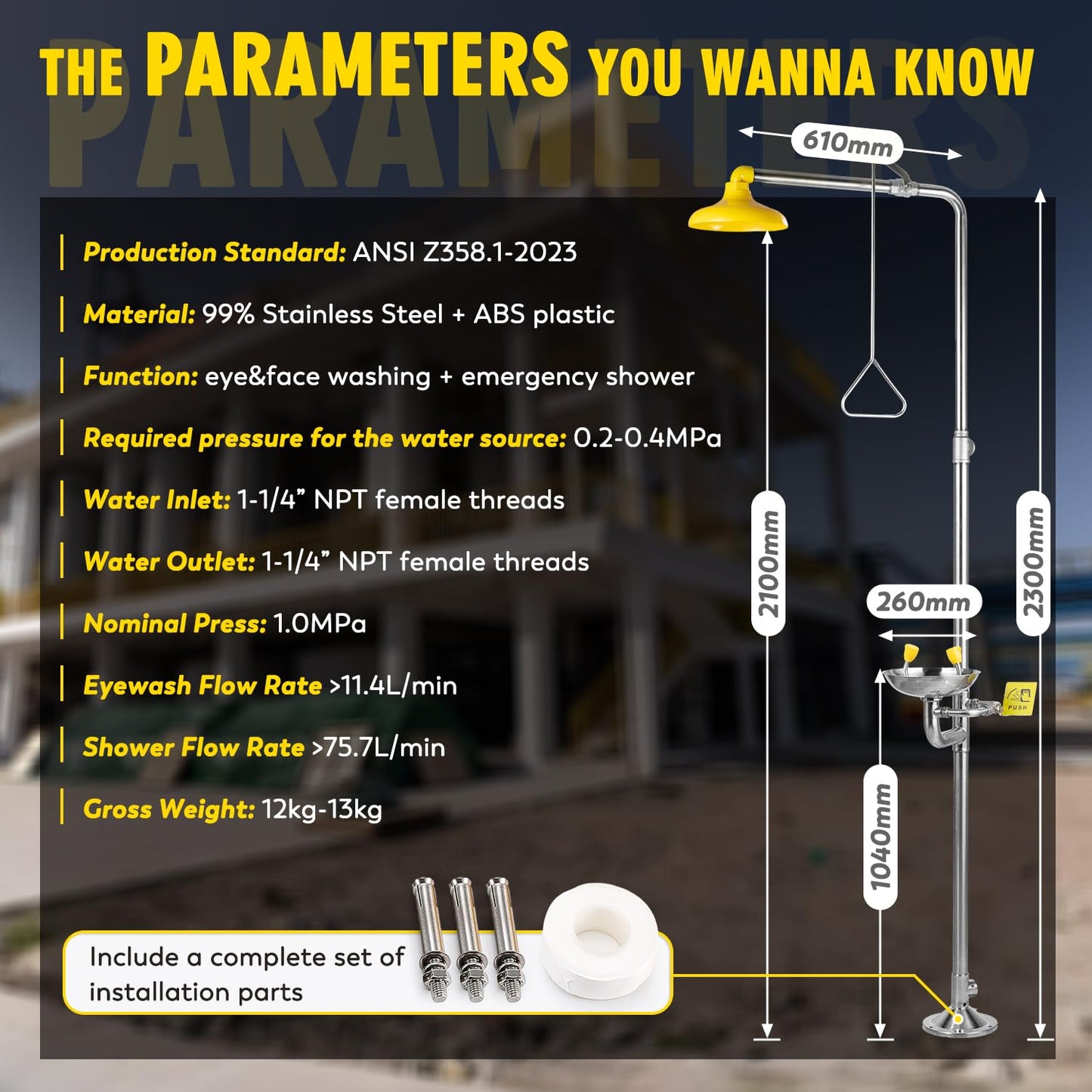 CGOLDENWALL Emergency Shower Eye Wash Station Safety Shower Station Eyewash Station, 304 Stainless Steel, NPT Threads, with Emergency Sign
