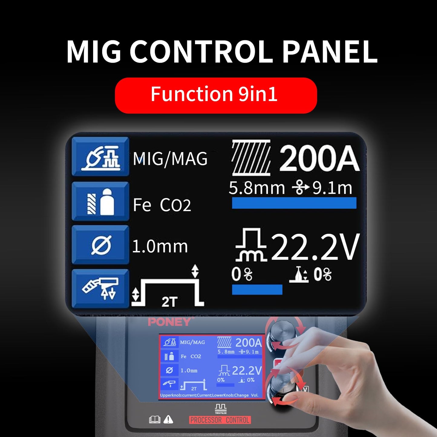 PONEY 200Amp Double Pulse MIG Aluminum Welder 9 in 1 MIG/MAG/FLUX/MIG Synergy/Single Pulse MIG/Double Pulse MIG/TIG LIFT/Spot Welding/MMA 220V Multi Process Welding Machine with LCD Digital Display