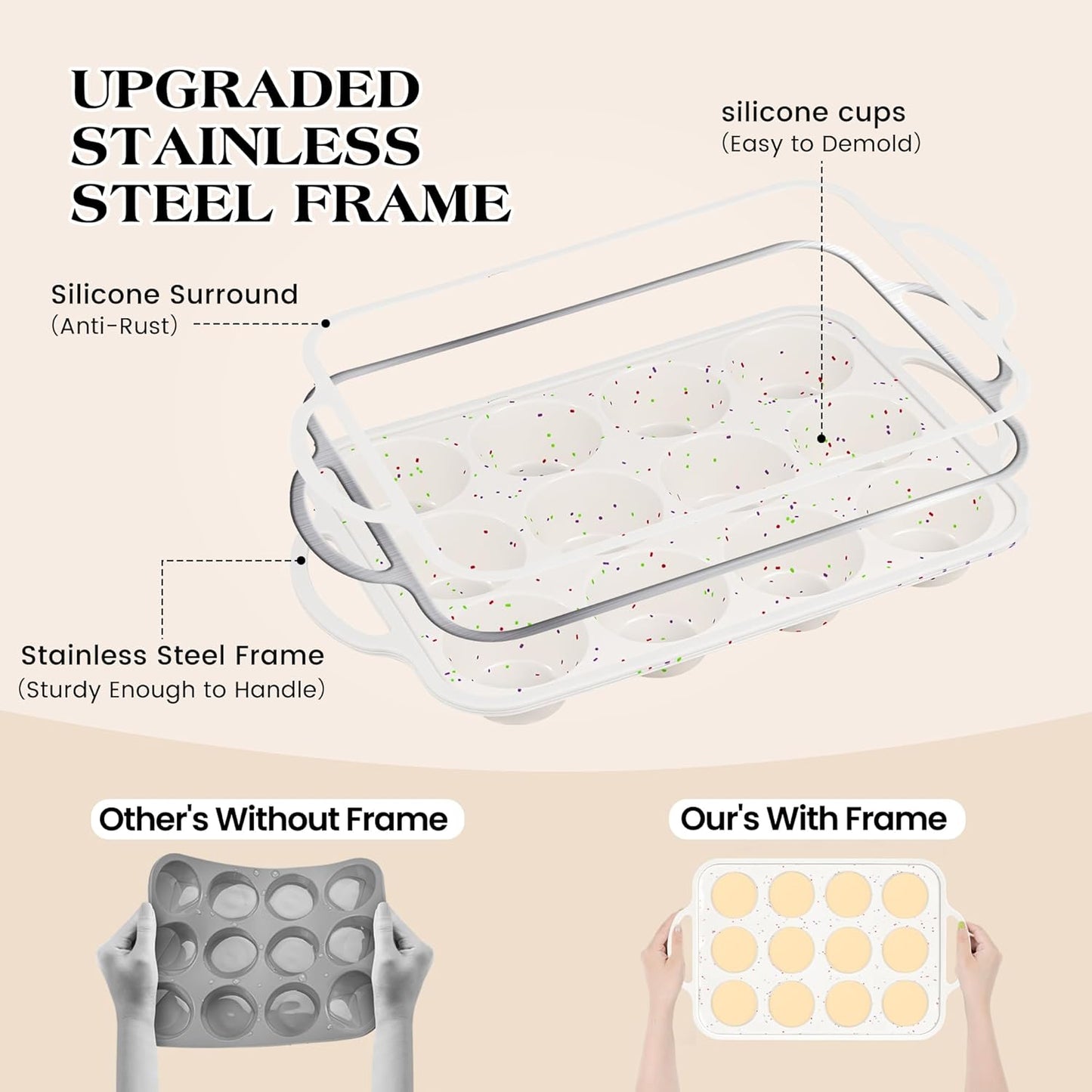 Skiennix Nonstick Cupcake Pan Set - 12 Cup & 24 Mini Muffin Molds | BPA-Free Silicone, Cream Color (2 Pcs)