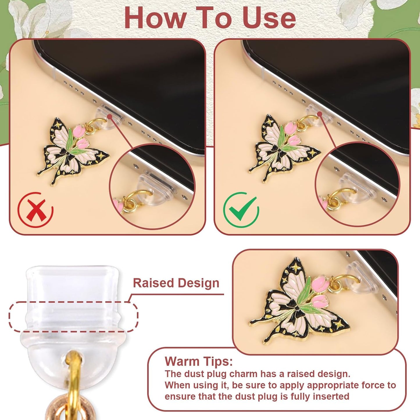 6 Butterfly Dust Plug Charm - Pcs Butterfly Flower Cross Dust Plug Charm Type C With Kindle and Phone Usb C Charging