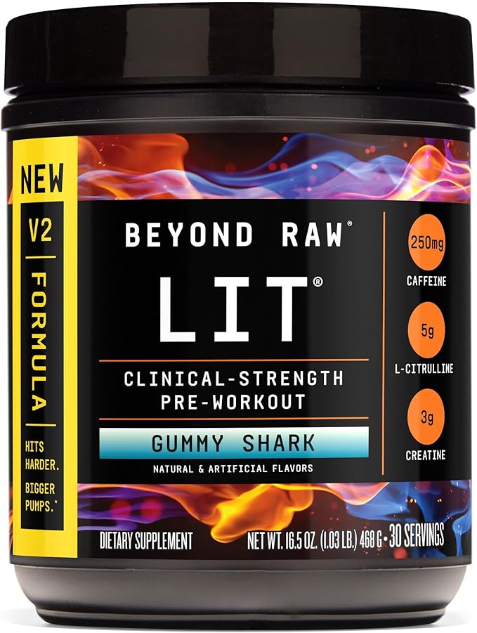 BEYOND RAW LIT V2 Clinical Strength Pre Workout Powder, Hits Harder, Bigger Pumps, Caffeine, L-Citrulline, Creatine, Gummy Shark, 30 Servings