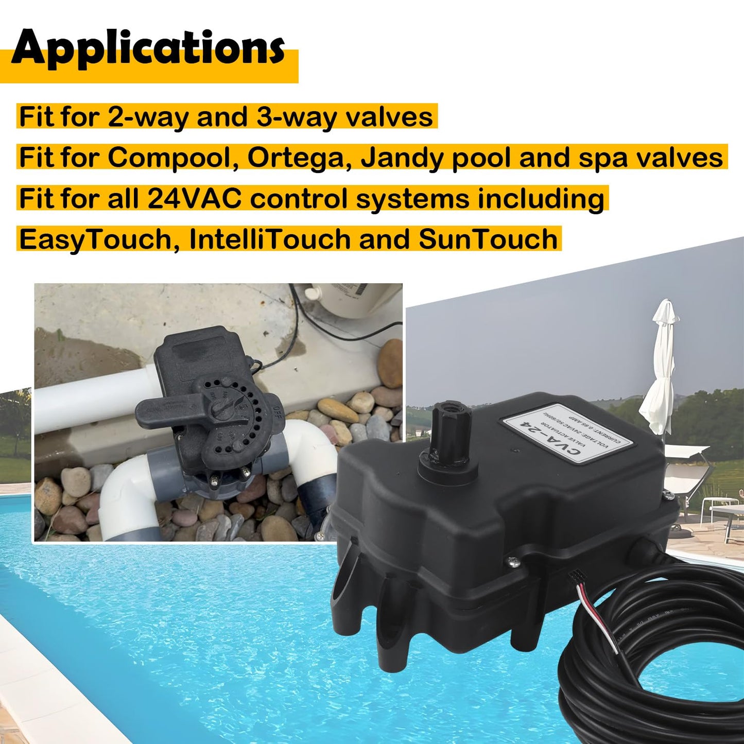 Etersec CVA-24T Valve Actuator for Pentair 263045, 24V AC 180° Rotation w/ 25Ft Cable, Compatible with Compool, Ortega, Jandy 2 & 3-Port Pool and Spa Valves, Fits EasyTouch IntelliTouch SunTouch