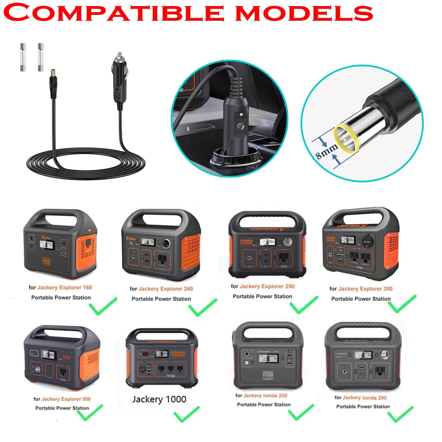SZCHXSDZ Car Charging Cable for Jackery Portable Power Station Explorer 3000 2000 1500 1000 500 880 550 300 290 240 160 Solar Generator Power Adapter 6.5 Feet Charging Cord Black