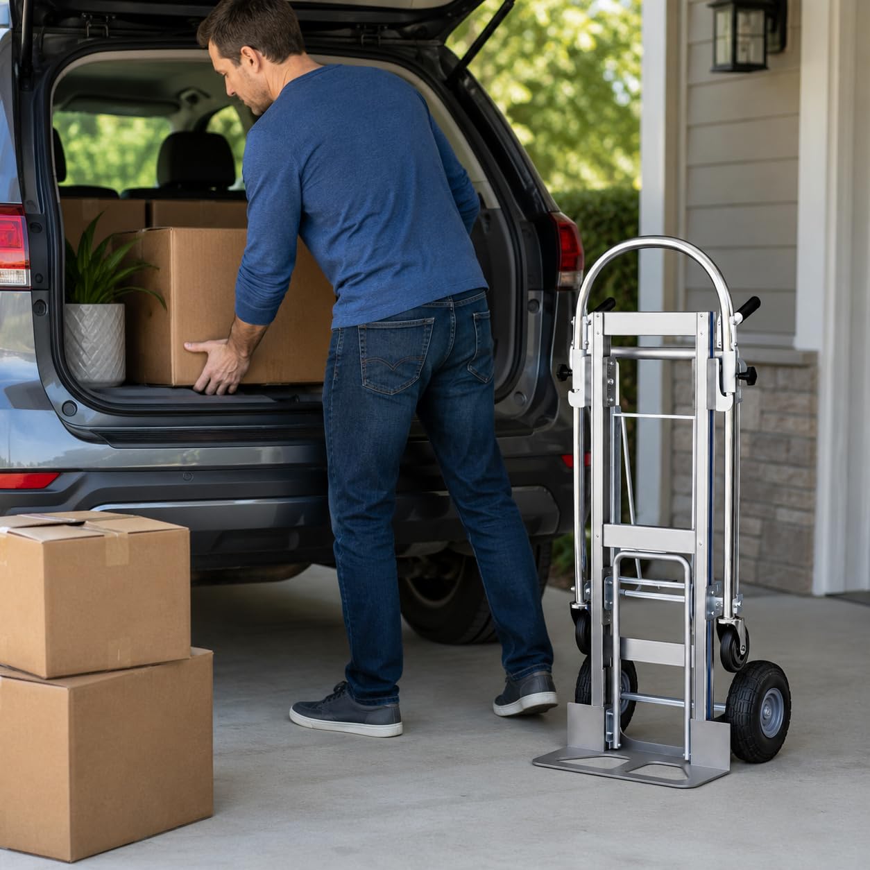 Hand Trucks Heavy Duty Aluminum Dolly Cart, 3 in 1 Design 1000 Lbs Capacity with Solid Wheels - Foldable, Portable, Ergonomic Handle, Perfect for Construction, Warehouses, Factories, Indoor & Outdoor