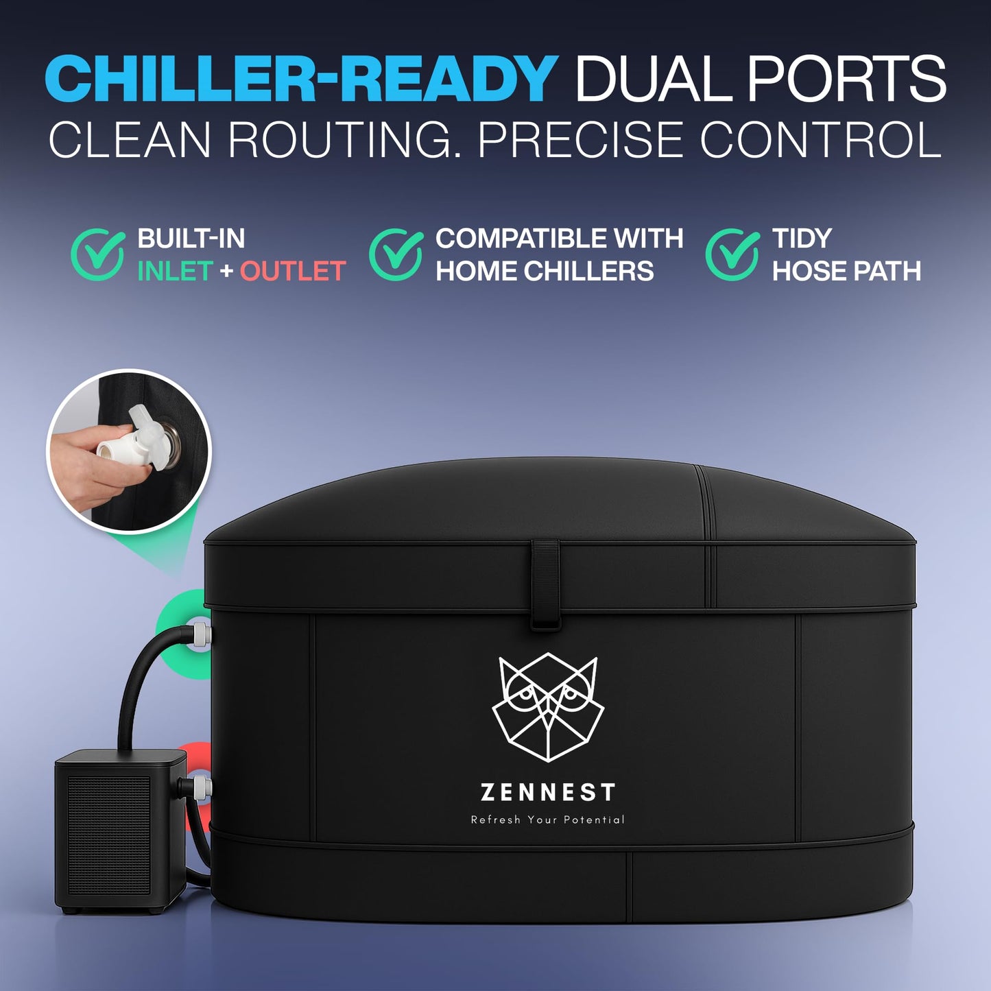 Zennest Patented XL Inflatable Oval Ice Bath Tub for Athletes – 140 Gal Insulated Cold Plunge Tub, Chiller Compatible, Dual-tub Air-Cavity Max Insulation & Ultra-Firm 8-Stand Frame - Cold Plunge Pool