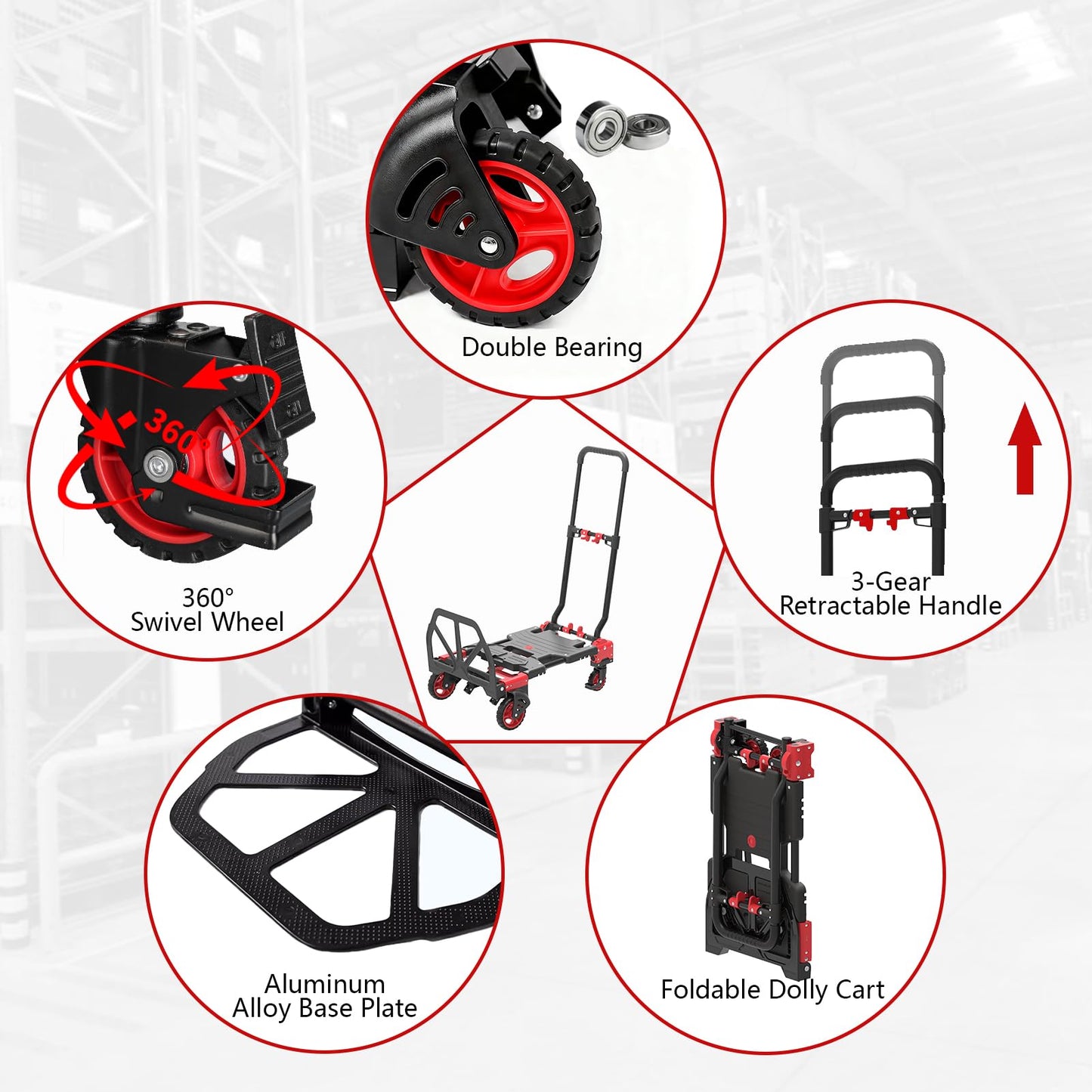 2-in-1 Hand Truck Dolly with Folding Basket, 330LB Heavy Duty Carrying Portable Handtruck, Foldable Hand Dolly with 360° Swivel Wheels&Retractable Handle for Moving, Luggage, Shopping, Office