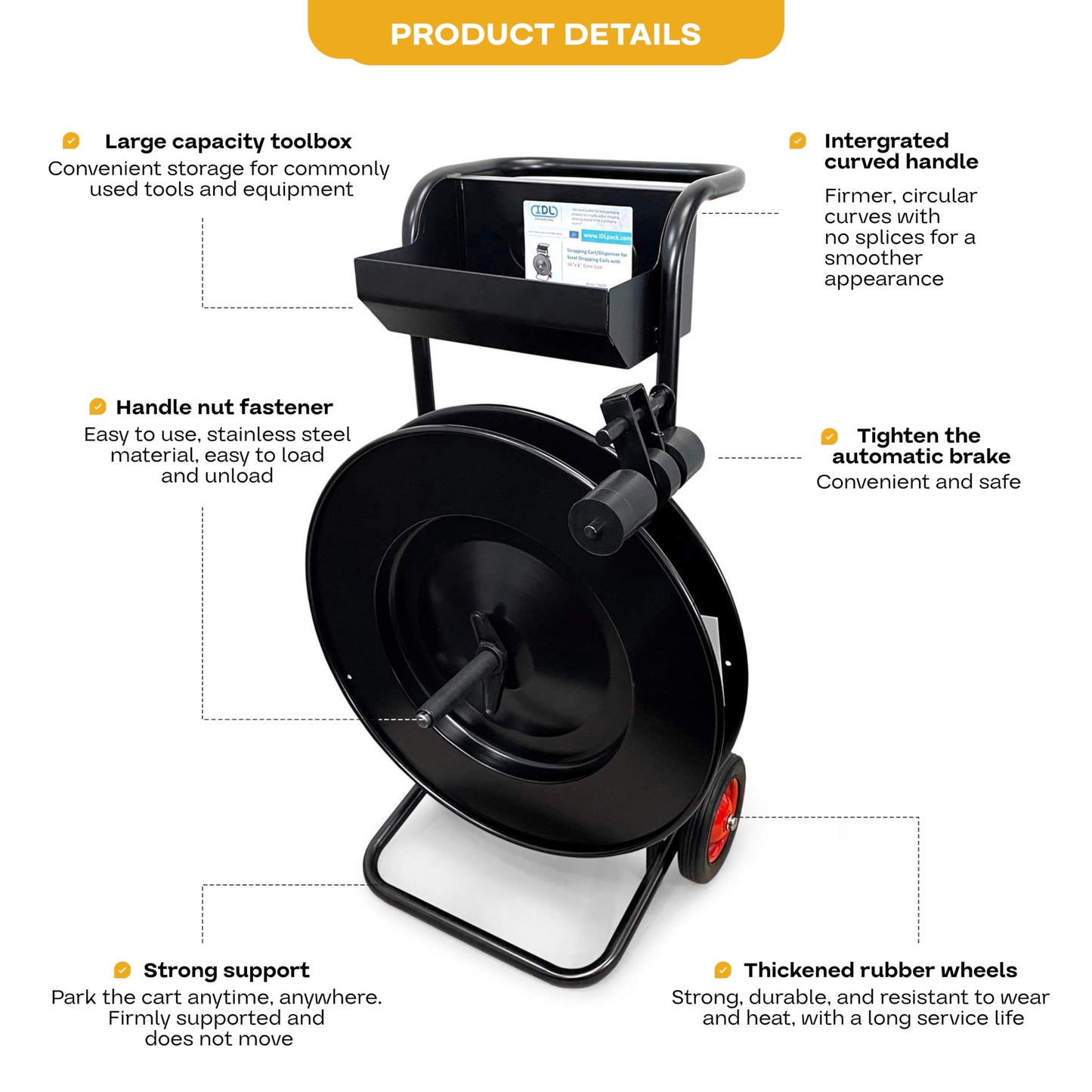 IDL Packaging CA-505 Heavy-Duty Strapping Cart & Dispenser for Steel Strapping Coils with 16" x 3" Core Size - Advanced Roller Brake System - Built-in Tray for Strapping Tools, Seals, and Gloves