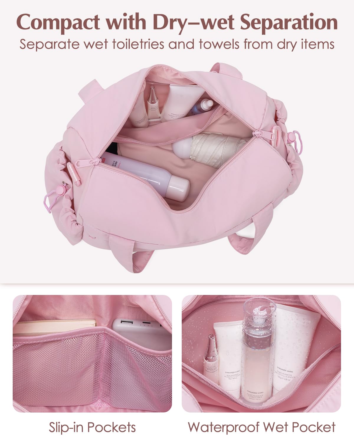 Small Gym Bag, Mini Gym Bag for Women with Yoga Mat Holder and Wet Compartment, Cute Mini Puffer Duffle Bag with Water Bottle Pocket for Workout Yoga Dance, Puffer Pink