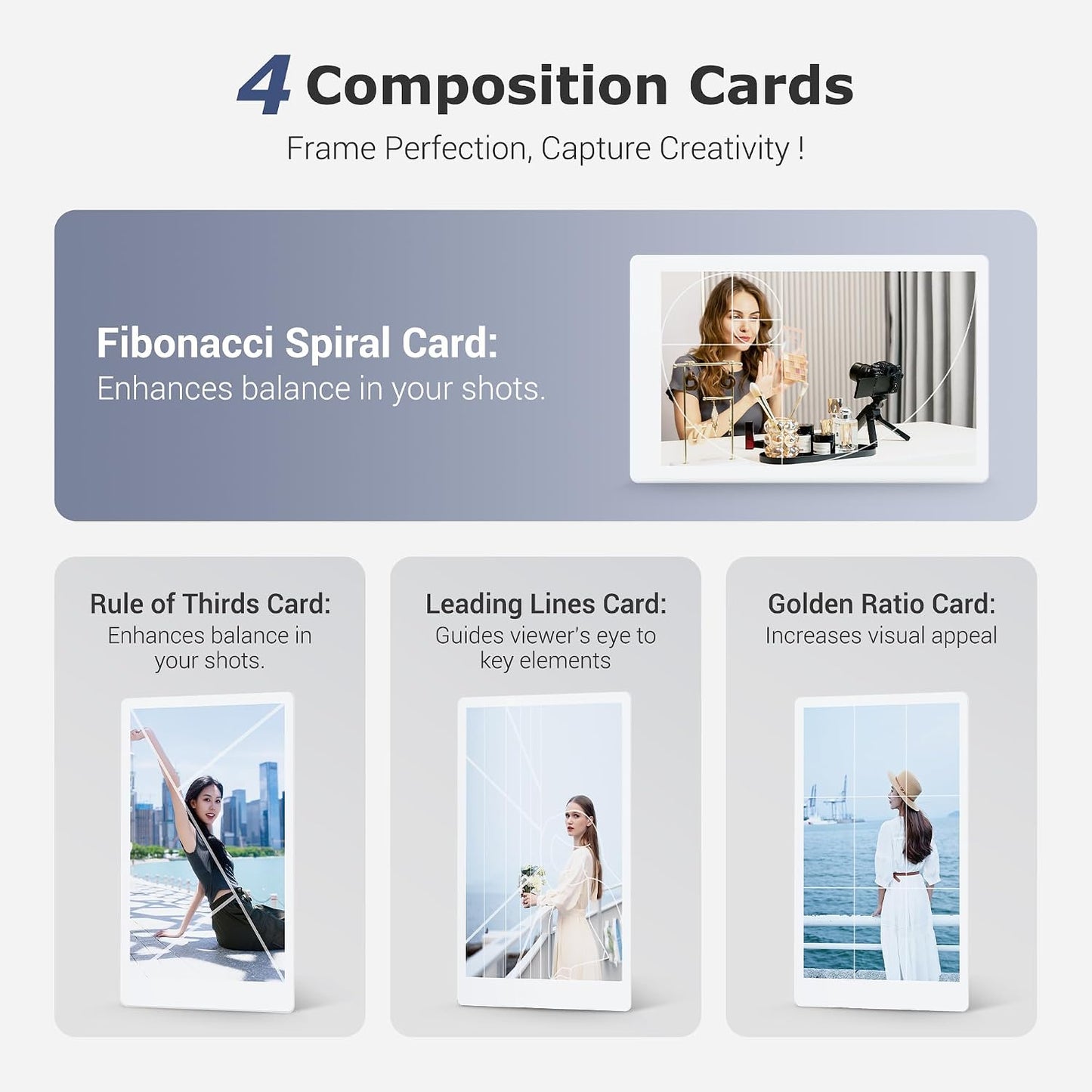 (11 Pcs) JJC Composition Viewfinder View Catcher Tool, Golden Ratio Fibonacci Spiral Rule of Thirds Leading Lines Card
