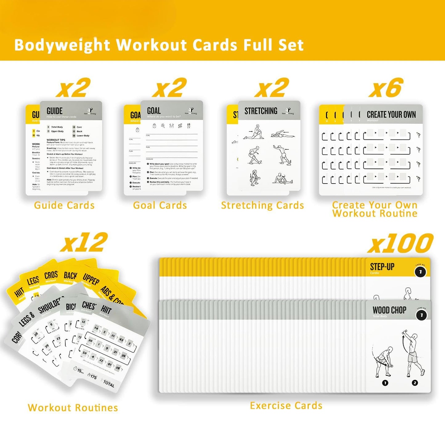 ELAORY Bodyweight & Dumbbell Workout Cards - 100 Large 5"x3.5" Exercise Cards with 24 Strength Moves, Home & Gym Fitness Cards for Men & Women, Beginner Fitness Guide