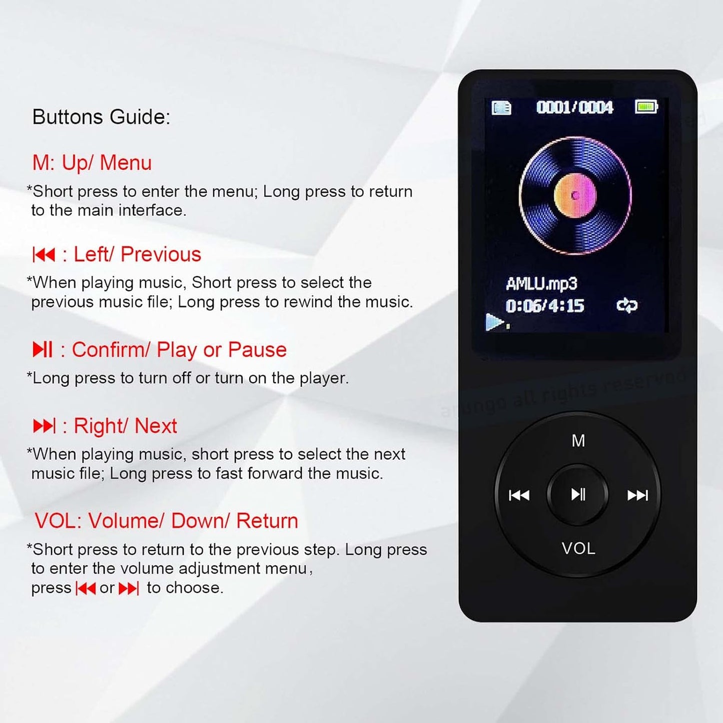 arungo MP3 64GB MP3 1.8 inch 128GB Player with Speaker Earphone Portable HiFi Lossless Sound Mini Music Player Voice