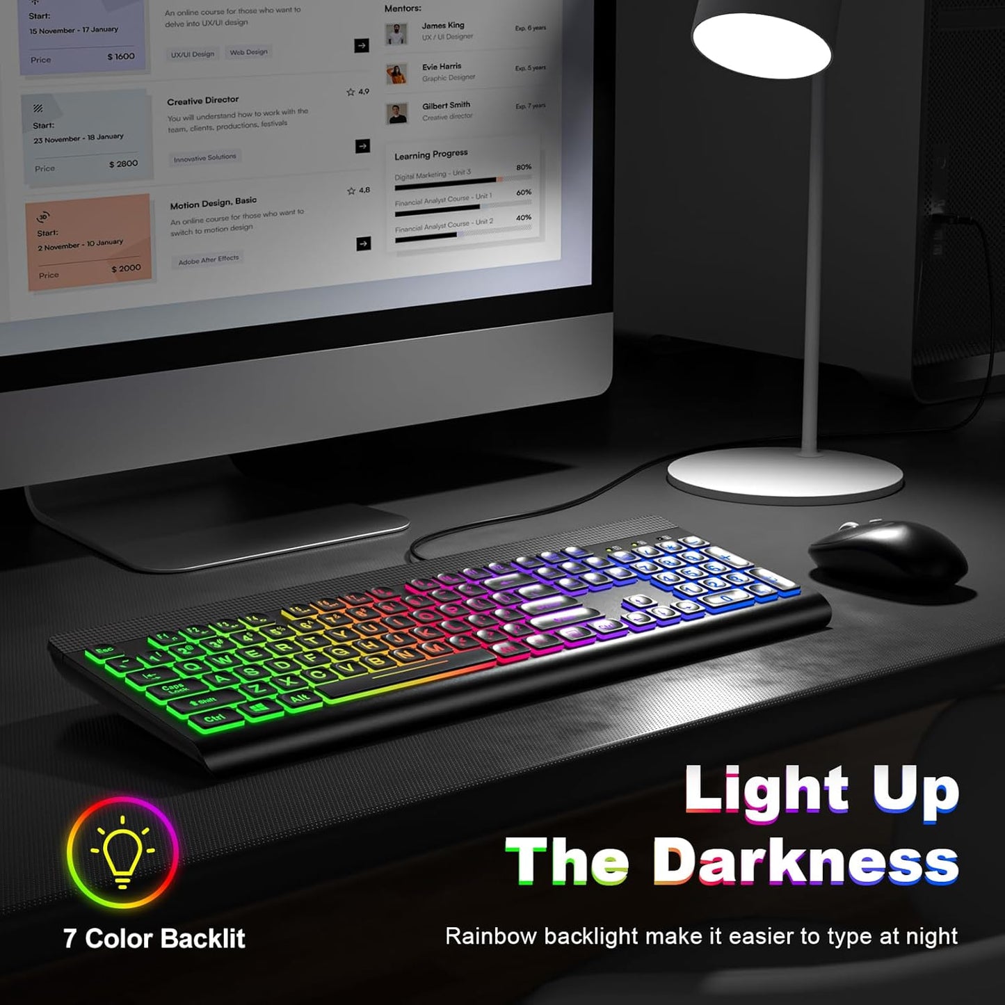Atelus Large Print Backlit Keyboard, USB Wired Computer Keyboard, Full Size Keyboard with Rainbow Illuminated LED